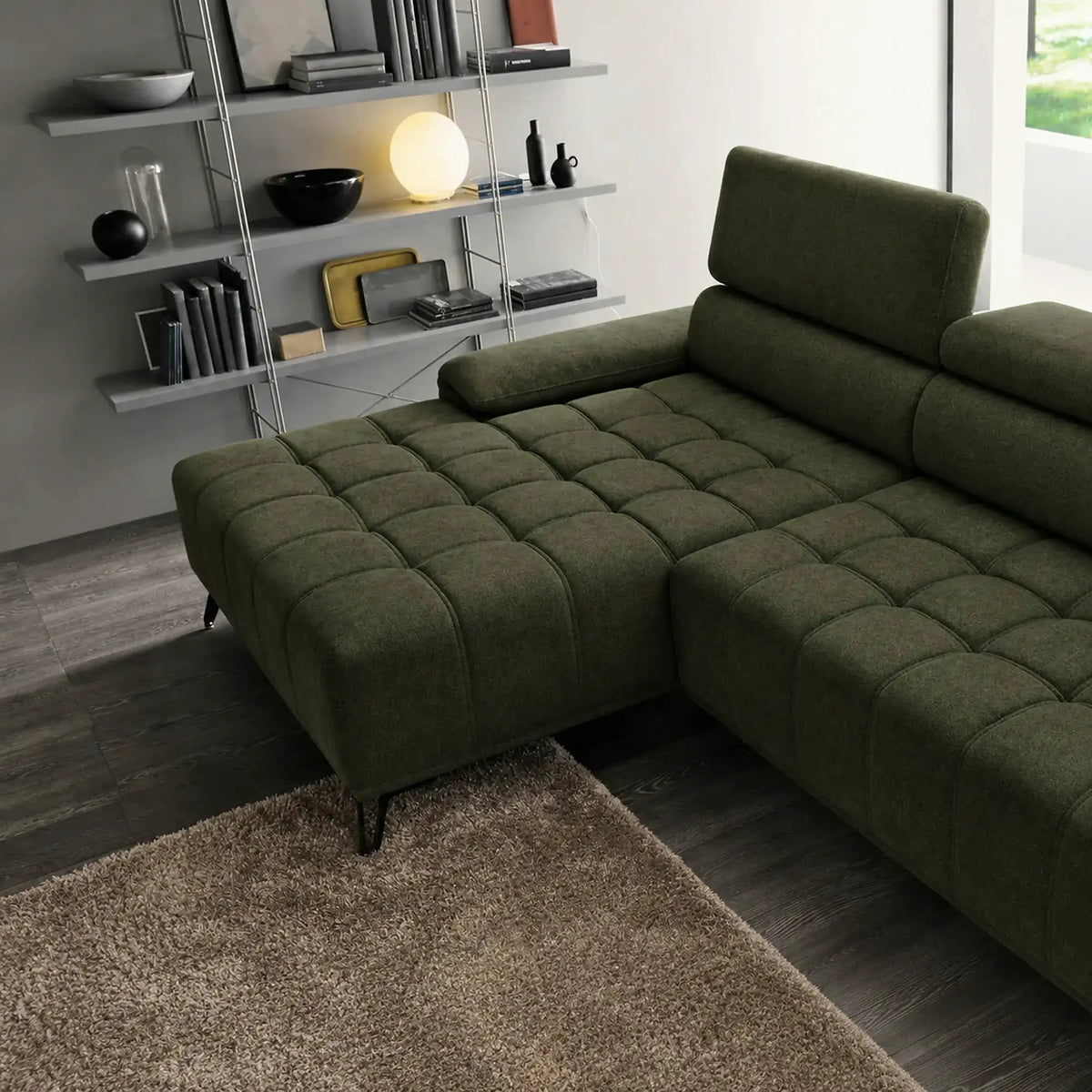 Coltar PALLADIO MINI, sezlong stanga, stofa catifelata verde - Whisper 11, cu tetiere reglabile si reglaj electric, 322x183x99 cm
