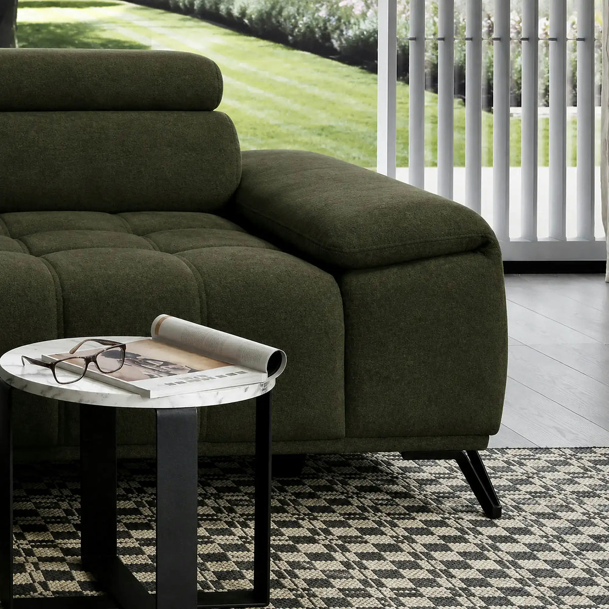 Coltar PALLADIO MINI, sezlong stanga, stofa catifelata verde - Whisper 11, cu tetiere reglabile si reglaj electric, 322x183x99 cm