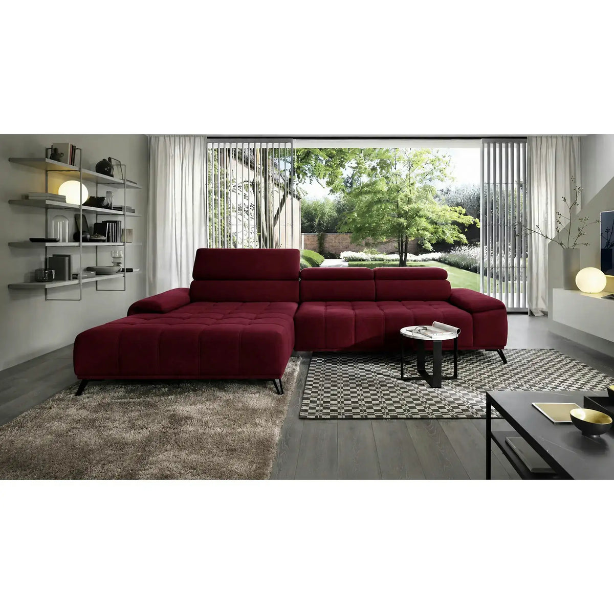 Coltar PALLADIO MINI, sezlong stanga, stofa catifelata visiniu - Riviera 59, cu tetiere reglabile si reglaj electric, 322x183x99 cm