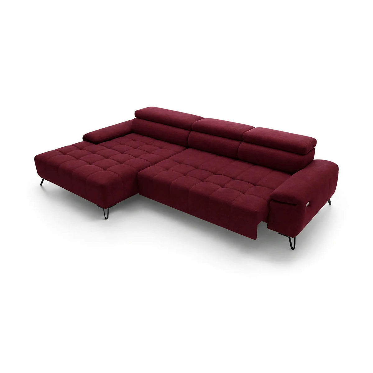 Coltar PALLADIO MINI, sezlong stanga, stofa catifelata visiniu - Riviera 59, cu tetiere reglabile si reglaj electric, 322x183x99 cm