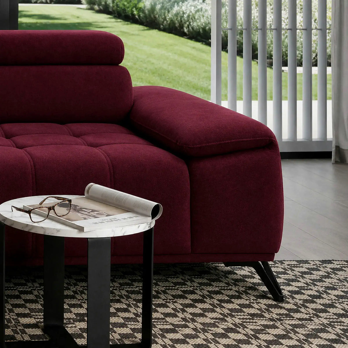 Coltar PALLADIO MINI, sezlong stanga, stofa catifelata visiniu - Riviera 59, cu tetiere reglabile si reglaj electric, 322x183x99 cm