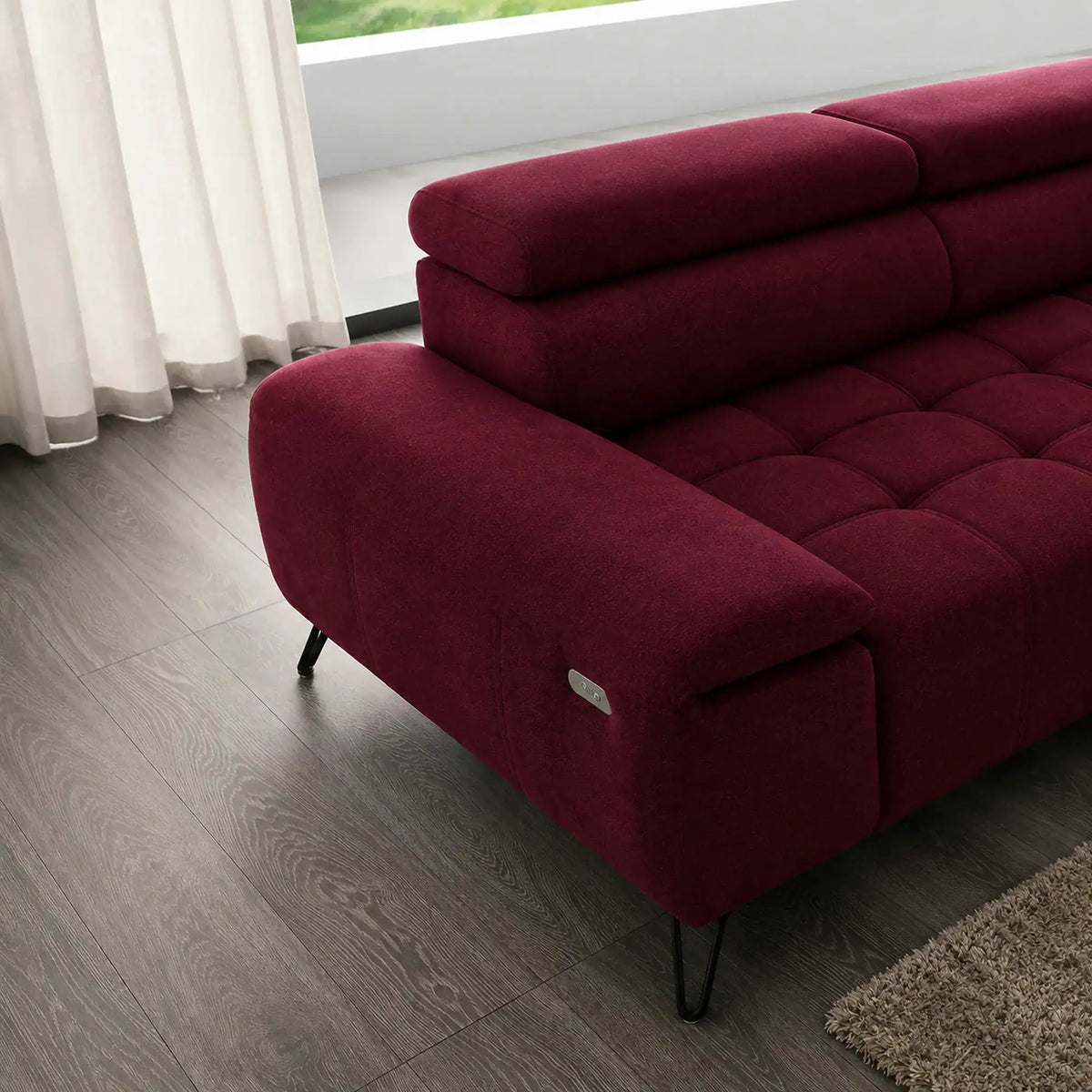 Coltar PALLADIO MINI, sezlong stanga, stofa catifelata visiniu - Riviera 59, cu tetiere reglabile si reglaj electric, 322x183x99 cm