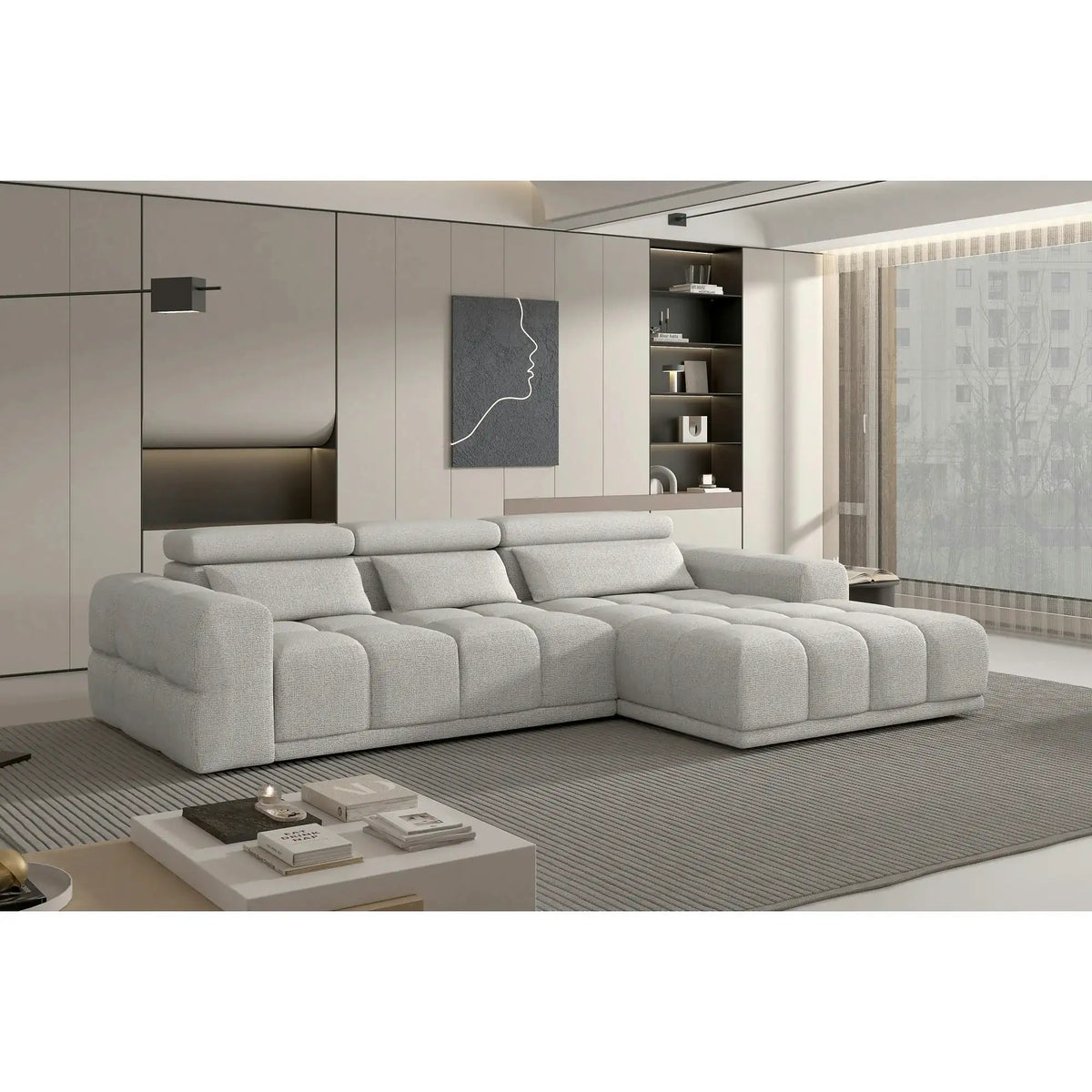 Coltar PANAMA BOX S, personalizabil, cu lada depozitare si reglaj electric, 290x188x98 cm