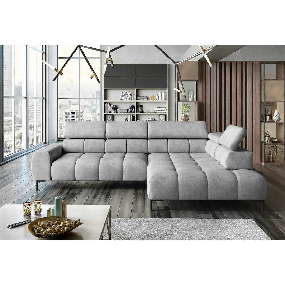 Coltar PLAZA L, personalizabil, cu reglaj electric si tetiere reglabile, 300x216x99 cm