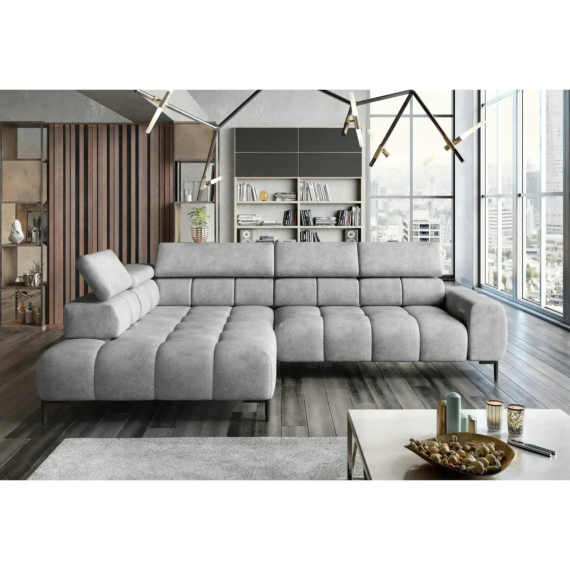 Coltar PLAZA L, personalizabil, cu reglaj electric si tetiere reglabile, 300x216x99 cm