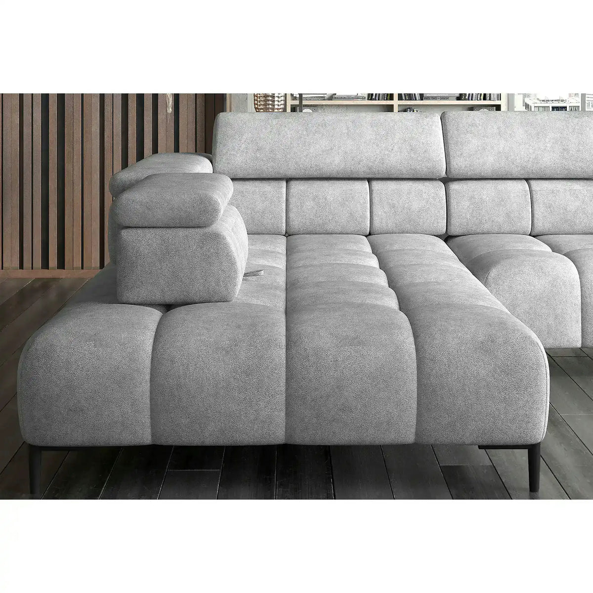 Coltar PLAZA L, personalizabil, cu reglaj electric si tetiere reglabile, 300x216x99 cm