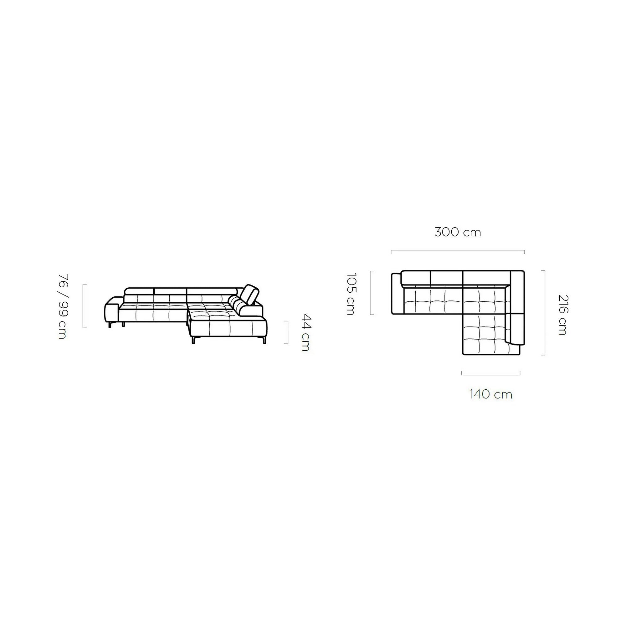 Coltar PLAZA L, personalizabil, cu reglaj electric si tetiere reglabile, 300x216x99 cm