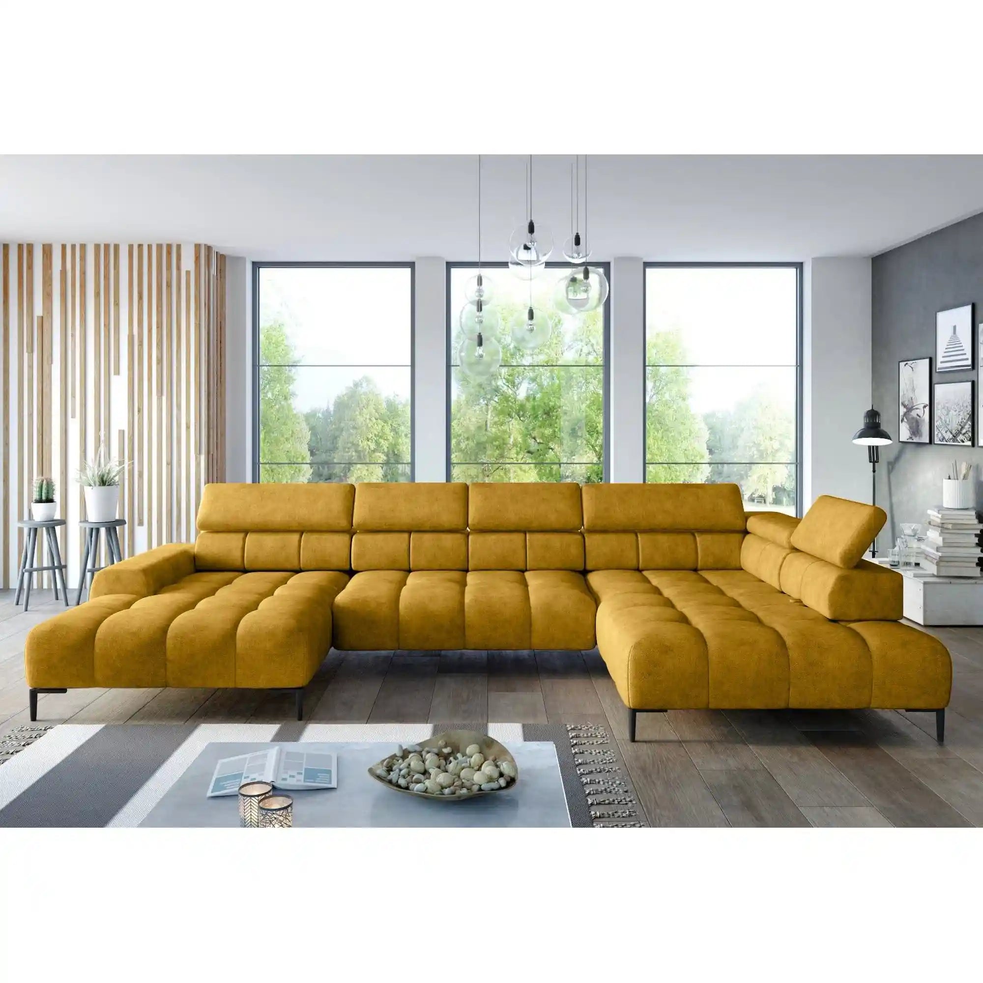 Coltar PLAZA XL, personalizabil materiale gama Premium, cu reglaj electric, tetiera si spatar reglabil, 385x216x99 cm