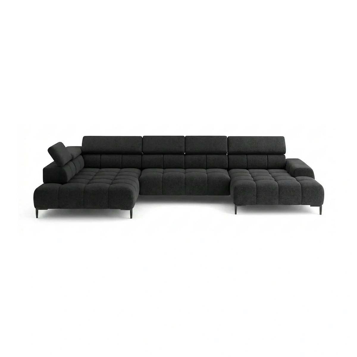 Coltar PLAZA XL, sezlong stanga, stofa catifelata negru - Riviera 100, cu reglaj electric si tetiere reglabile, 385x216x99 cm