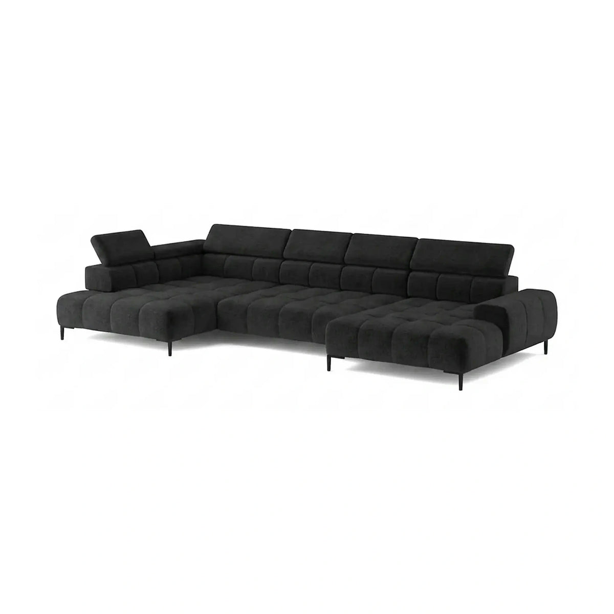 Coltar PLAZA XL, sezlong stanga, stofa catifelata negru - Riviera 100, cu reglaj electric si tetiere reglabile, 385x216x99 cm