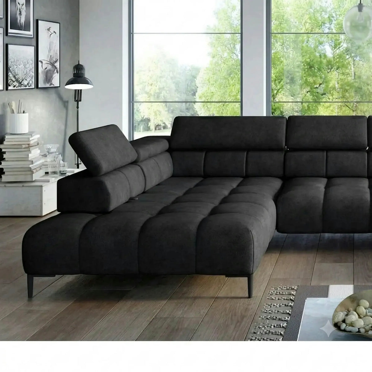 Coltar PLAZA XL, sezlong stanga, stofa catifelata negru - Riviera 100, cu reglaj electric si tetiere reglabile, 385x216x99 cm