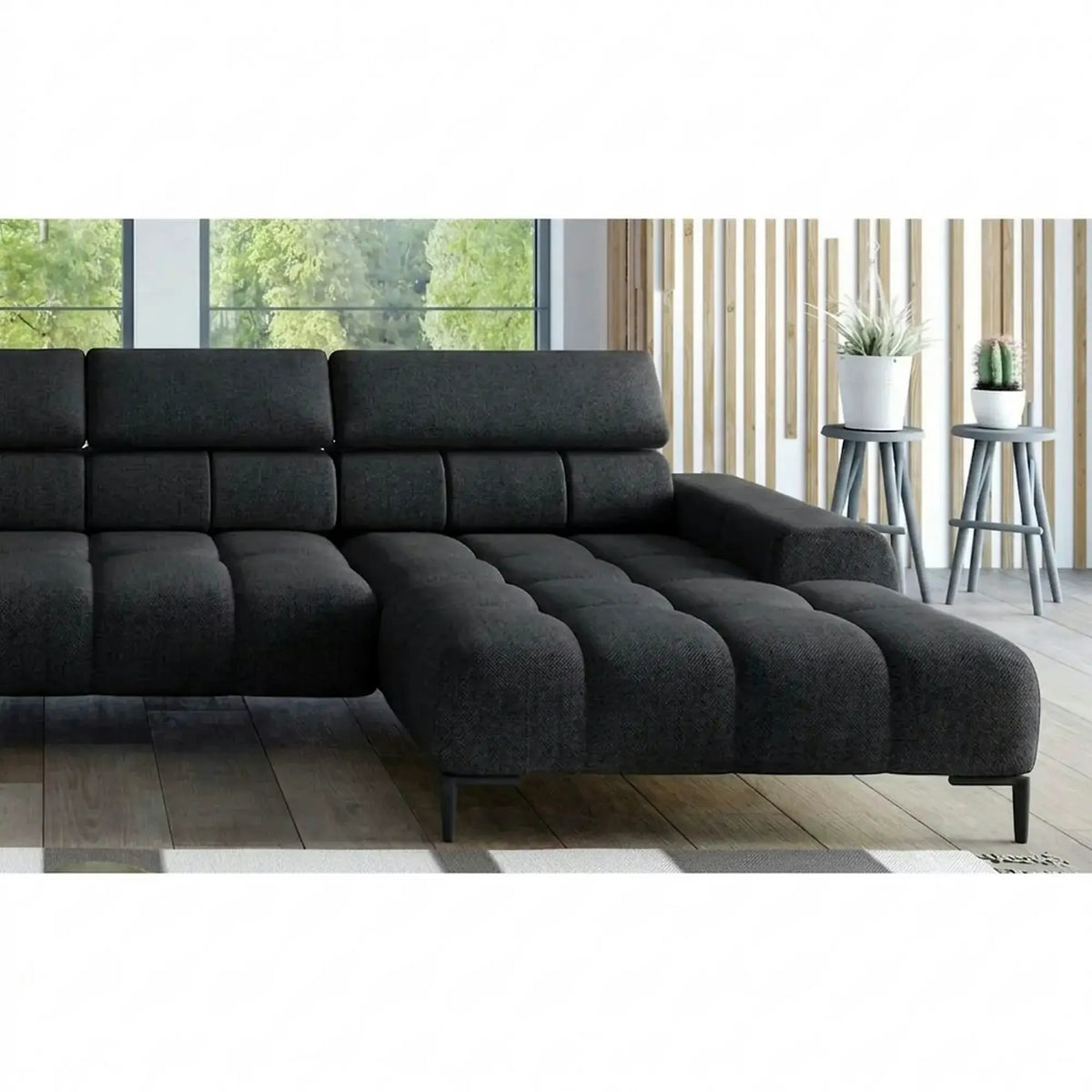 Coltar PLAZA XL, sezlong stanga, stofa catifelata negru - Riviera 100, cu reglaj electric si tetiere reglabile, 385x216x99 cm