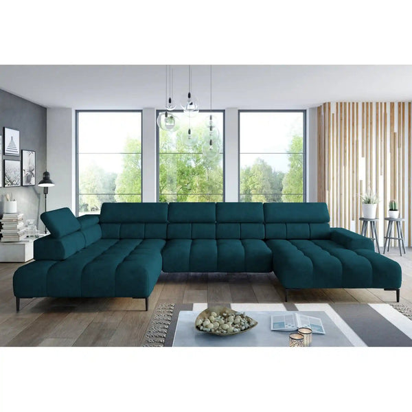 Coltar PLAZA XL, sezlong stanga, stofa catifelata negru - Riviera 100, cu reglaj electric si tetiere reglabile, 385x216x99 cm