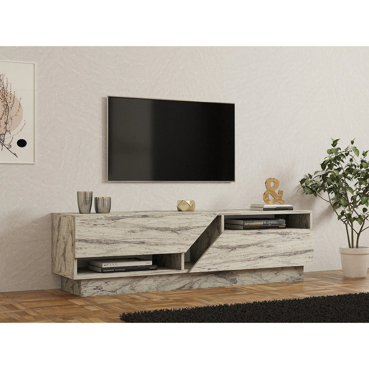 Comoda TV KOZA, bej cu efect de marmura, PAL melaminat, 160x40x45 cm