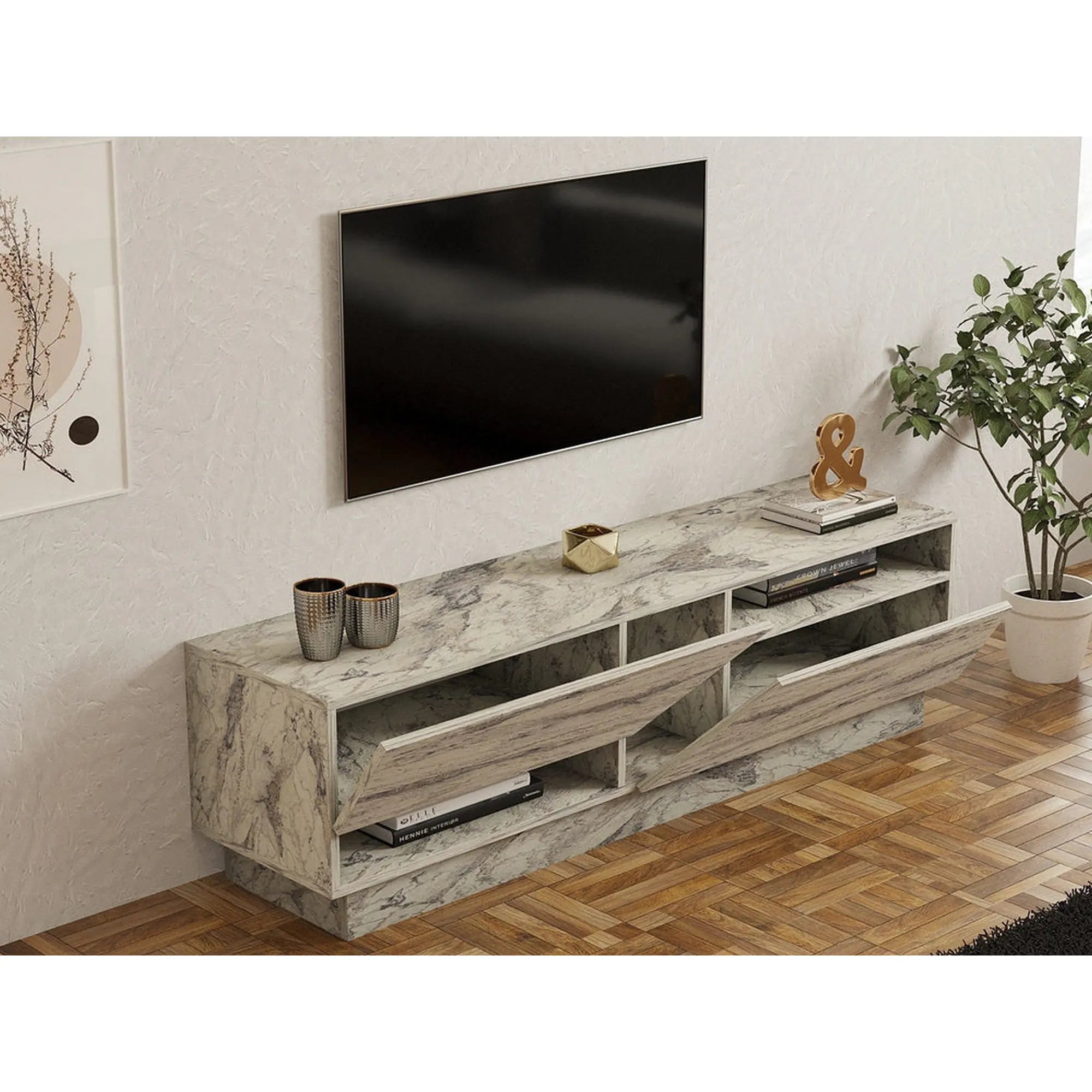 Comoda TV KOZA, bej cu efect de marmura, PAL melaminat, 160x40x45 cm