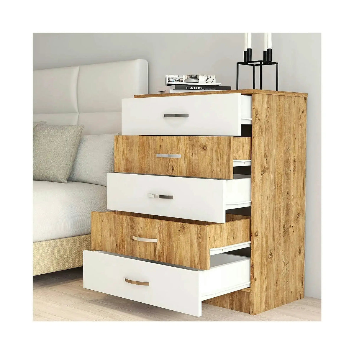 Comoda 616TNM1509, stejar/alb, PAL melaminat, 72x45x98 cm