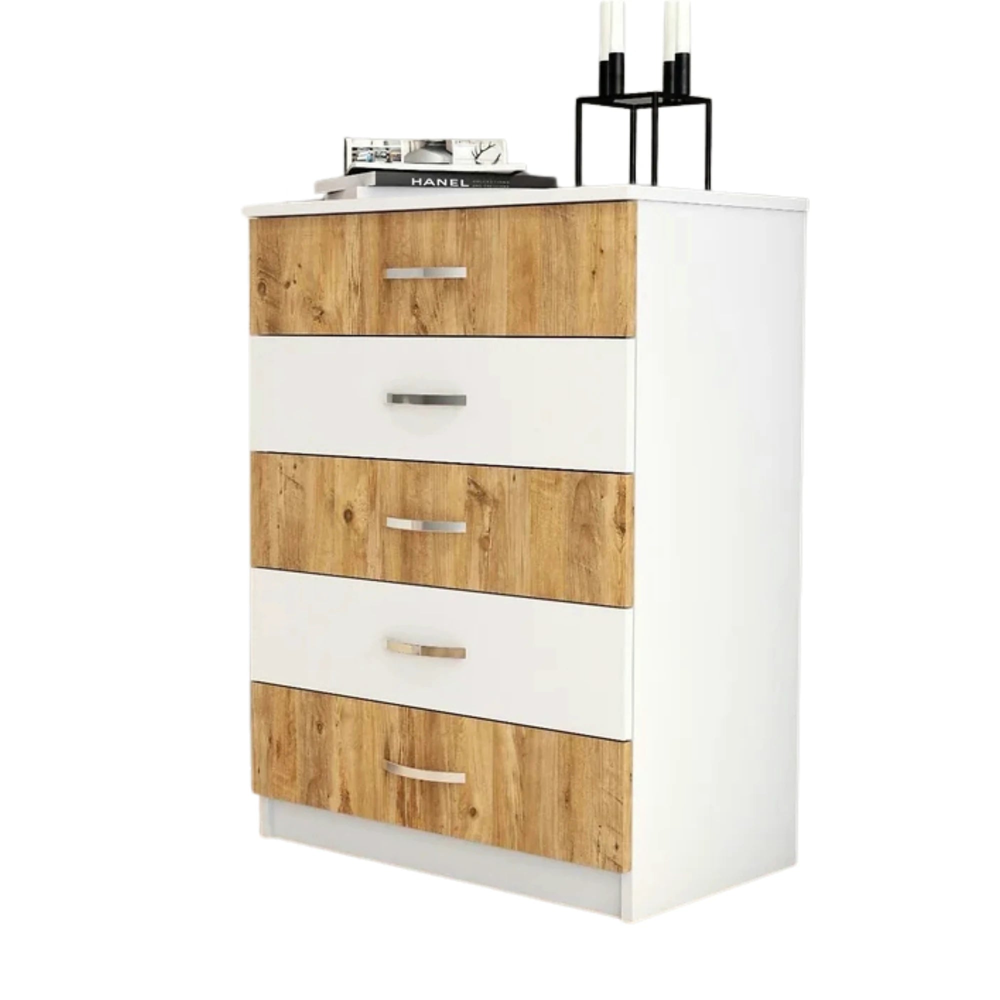 Comoda 616TNM1510, alb/stejar, PAL melaminat, 72x45x98 cm