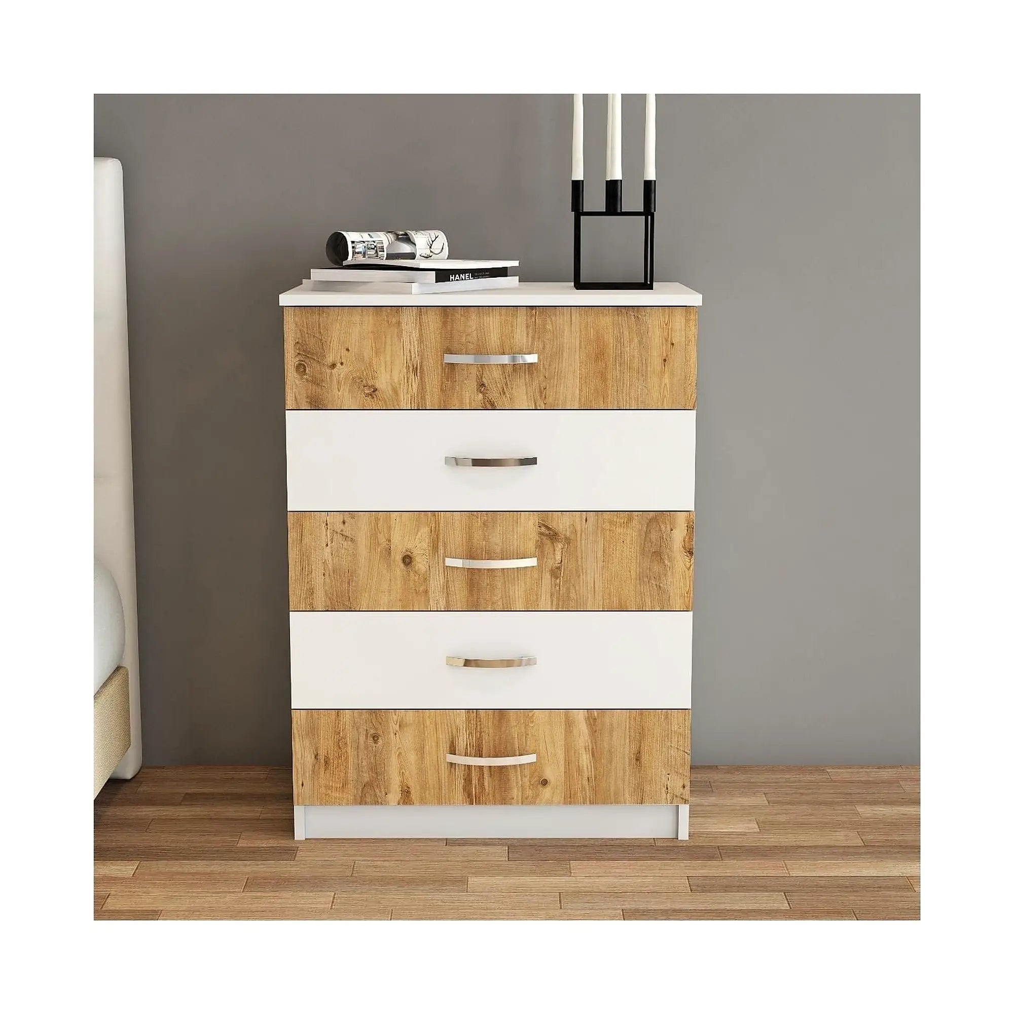 Comoda 616TNM1510, alb/stejar, PAL melaminat, 72x45x98 cm