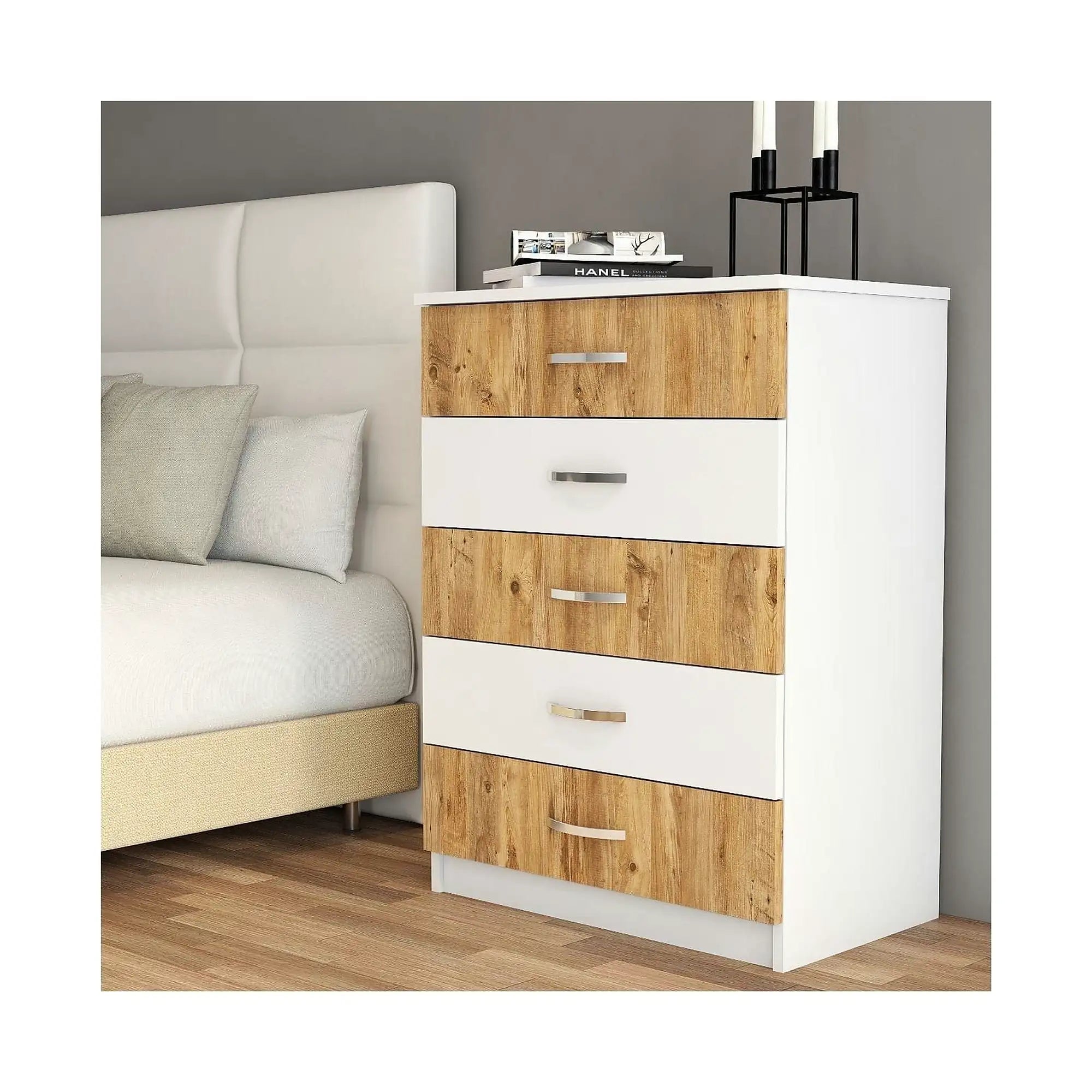 Comoda 616TNM1510, alb/stejar, PAL melaminat, 72x45x98 cm