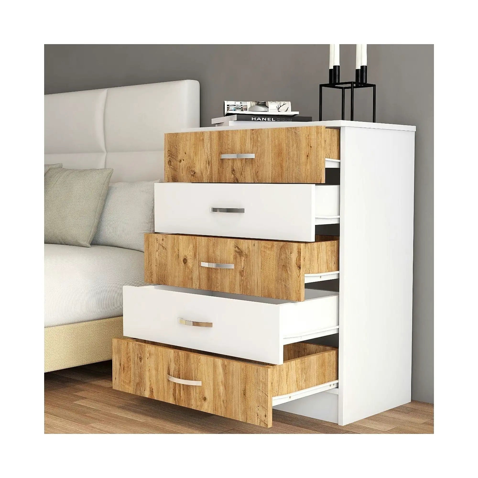 Comoda 616TNM1510, alb/stejar, PAL melaminat, 72x45x98 cm