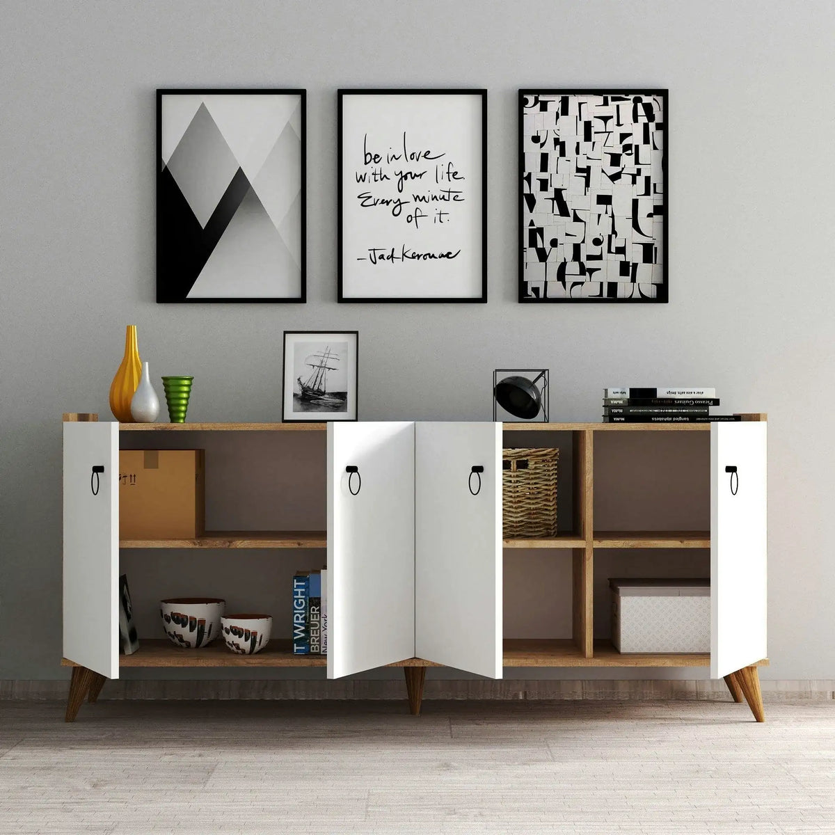 Comoda 616TNM1603, alb/stejar, PAL melaminat, 180x45x79 cm