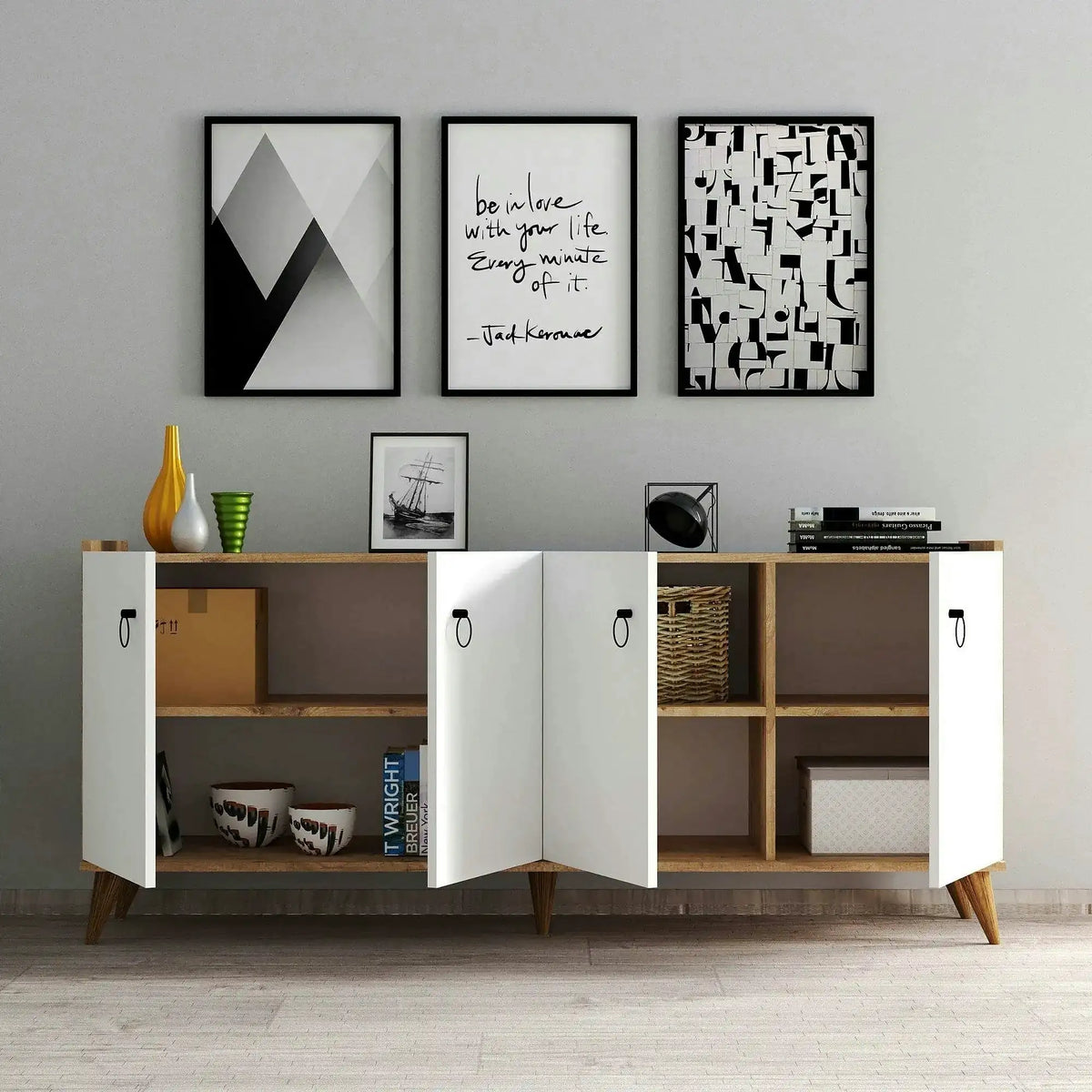 Comoda 616TNM1603, alb/stejar, PAL melaminat, 180x45x79 cm
