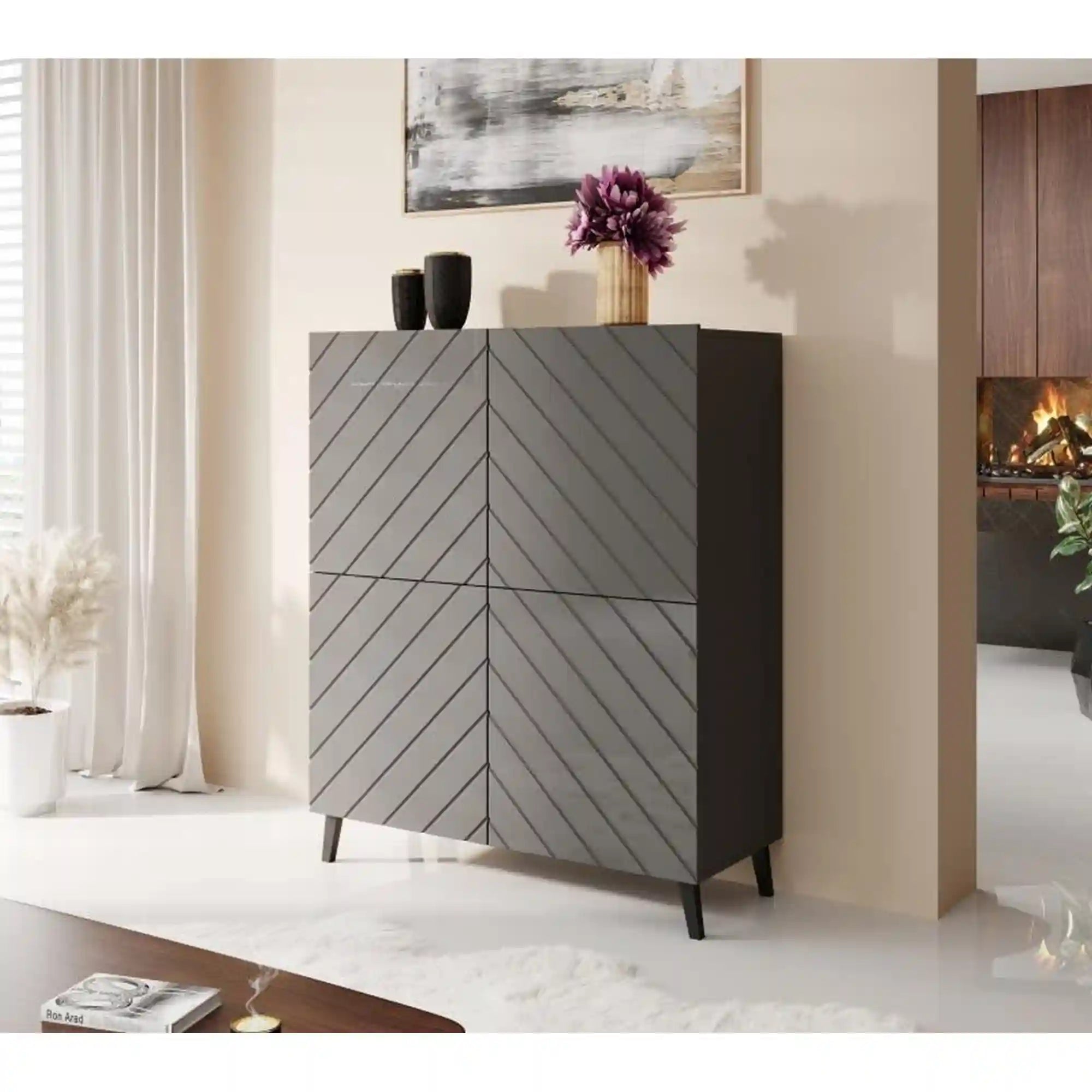 Comoda ABETO, gri grafit/negru, PAL, 101x40x122 cm