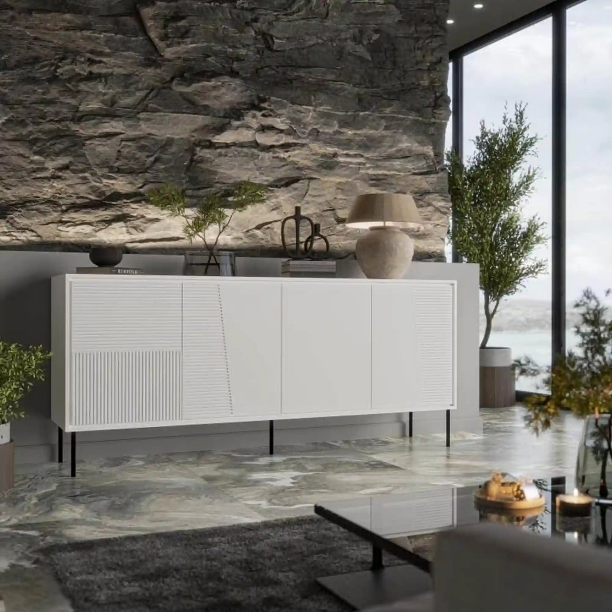 Comoda ABI, alb/negru, PAL laminat/metal, 200x45x88 cm