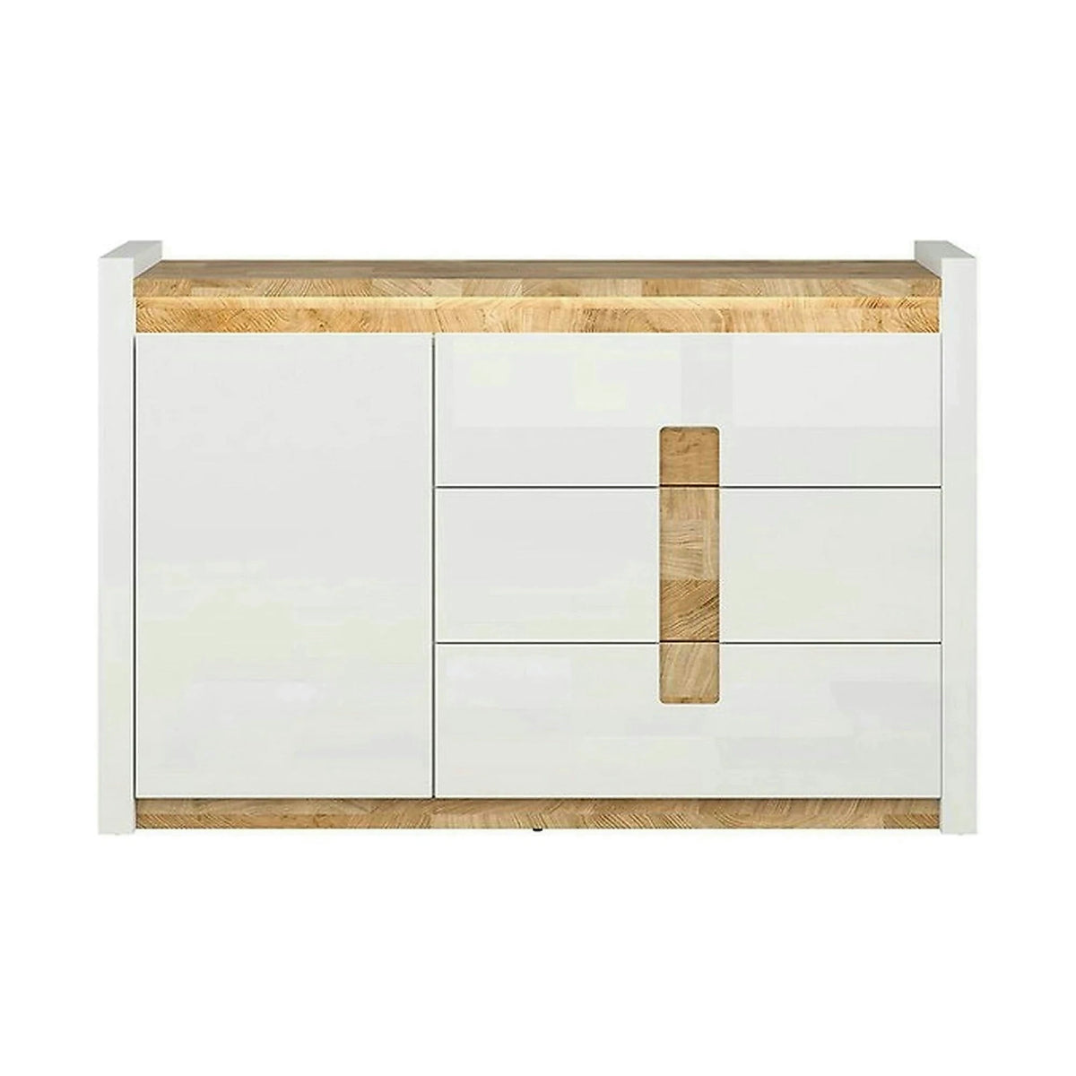 Comoda ALAMEDA, alb lucios/stejar, PAL, 147x41x97 cm