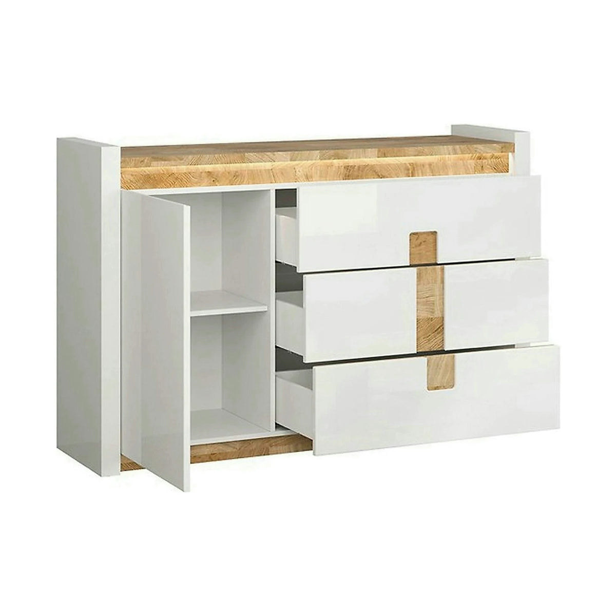 Comoda ALAMEDA, alb lucios/stejar, PAL, 147x41x97 cm