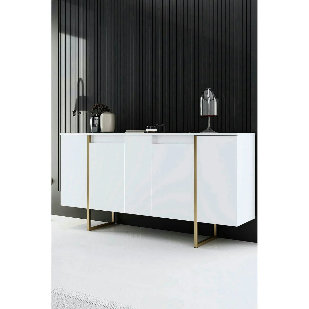 Comoda alba ingusta LUXE, PAL melaminat/metal, 160x35x80 cm