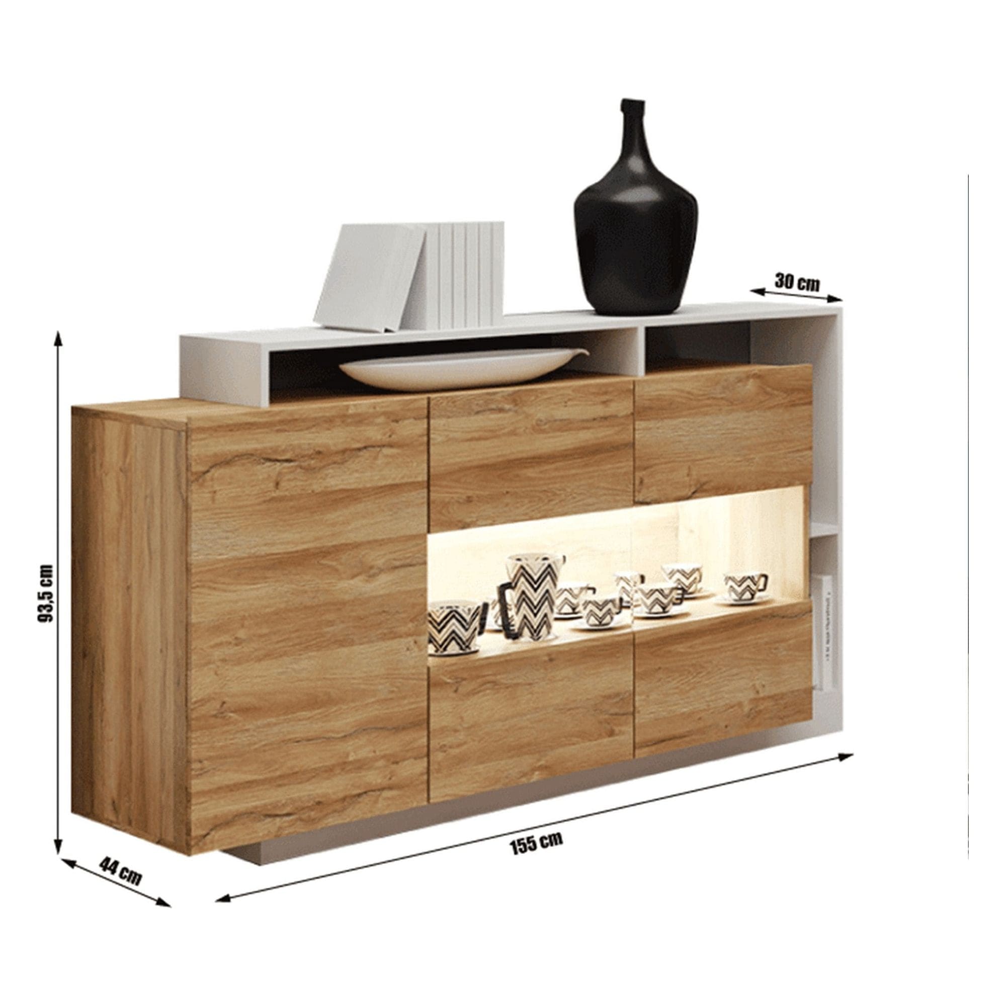 Comoda ALICANTE, stejar grandson/alb, PAL melaminat, cu iluminare LED,  155x44x94 cm