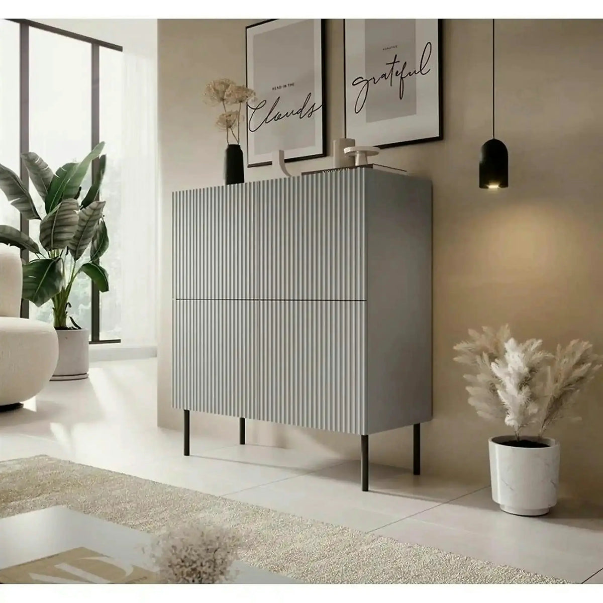 Comoda ASENSIO, gri mat/negru, PAL laminat, 100x42x110 cm