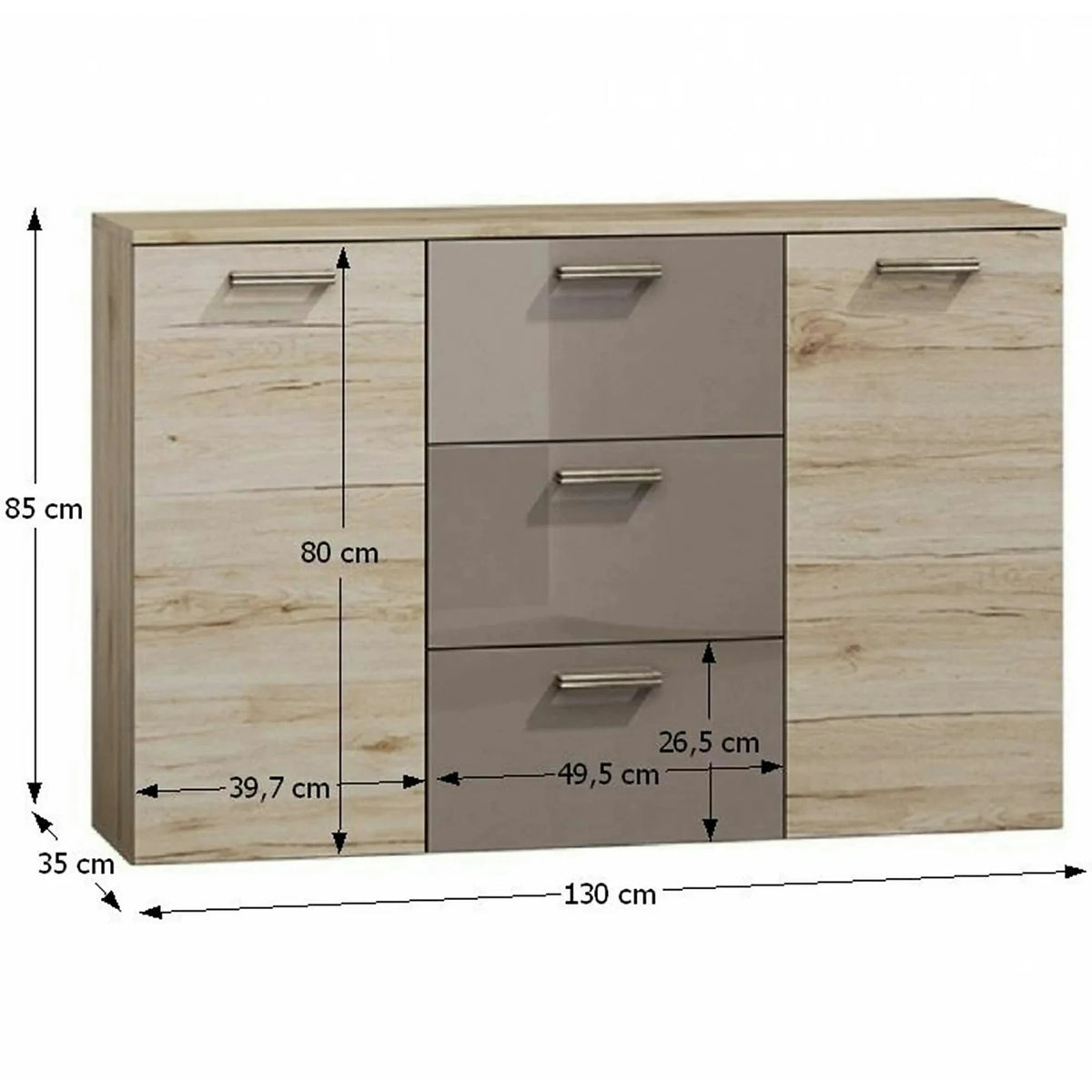 Comoda ASSOR, PAL, stejar san marino/gri inchis lucios, PAL melaminat, 130x35x85 cm