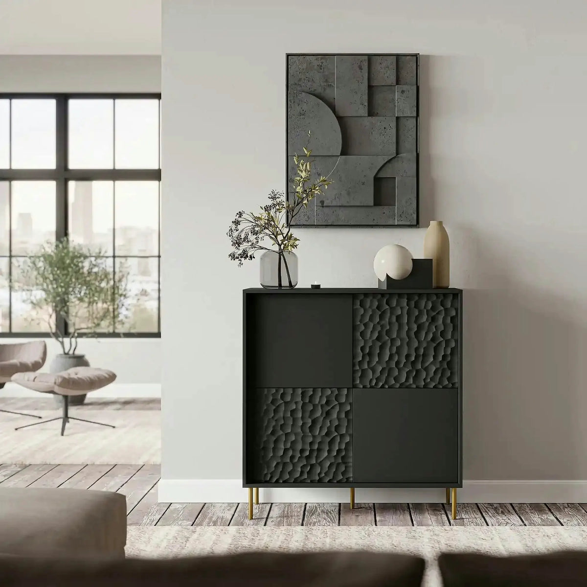 Comoda BULLET, negru/auriu, PAL laminat, 100x41x105 cm