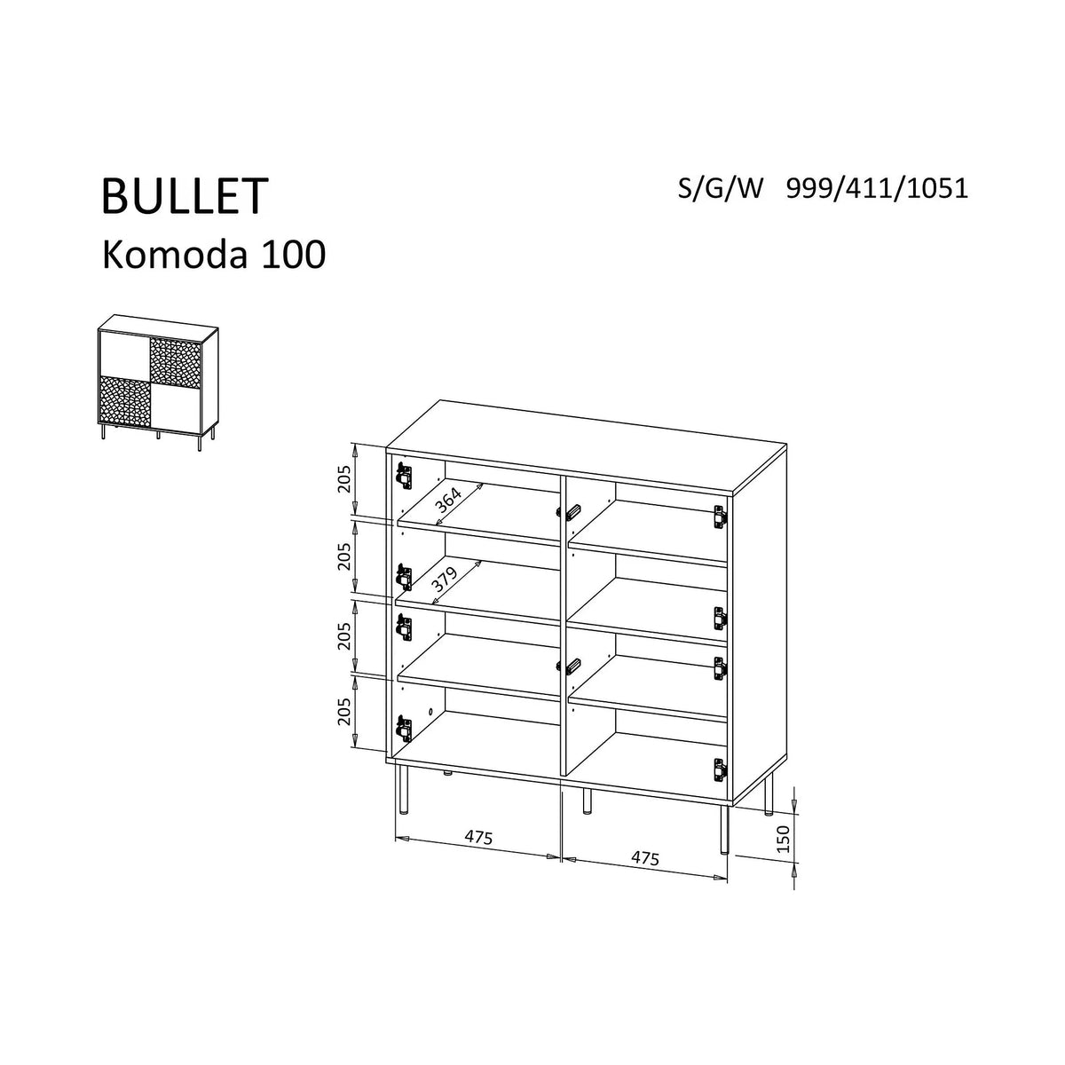 Comoda BULLET, negru/auriu, PAL laminat, 100x41x105 cm