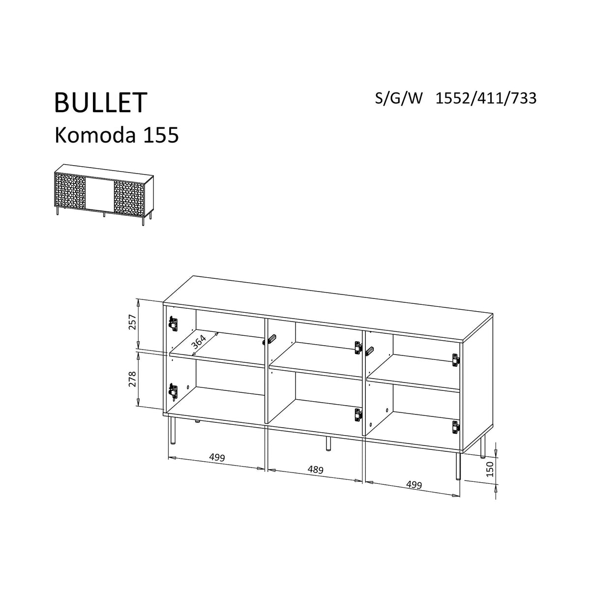 Comoda BULLET, negru/auriu, PAL laminat, 155x41x73 cm