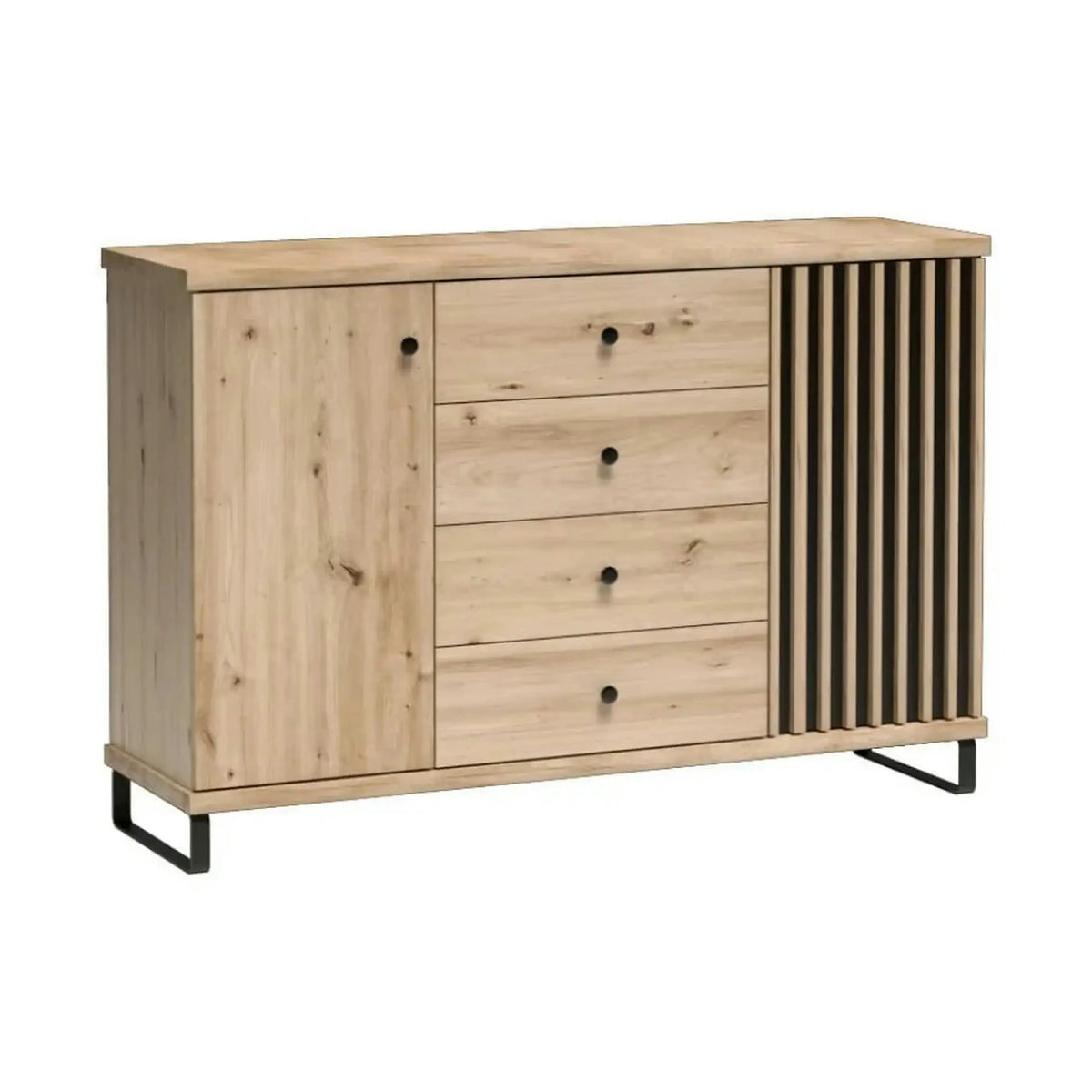 Comoda CALI C4, stejar arisan/negru, PAL, cu 4 sertare si 2 usi, 142.1x40.6x95.4 cm