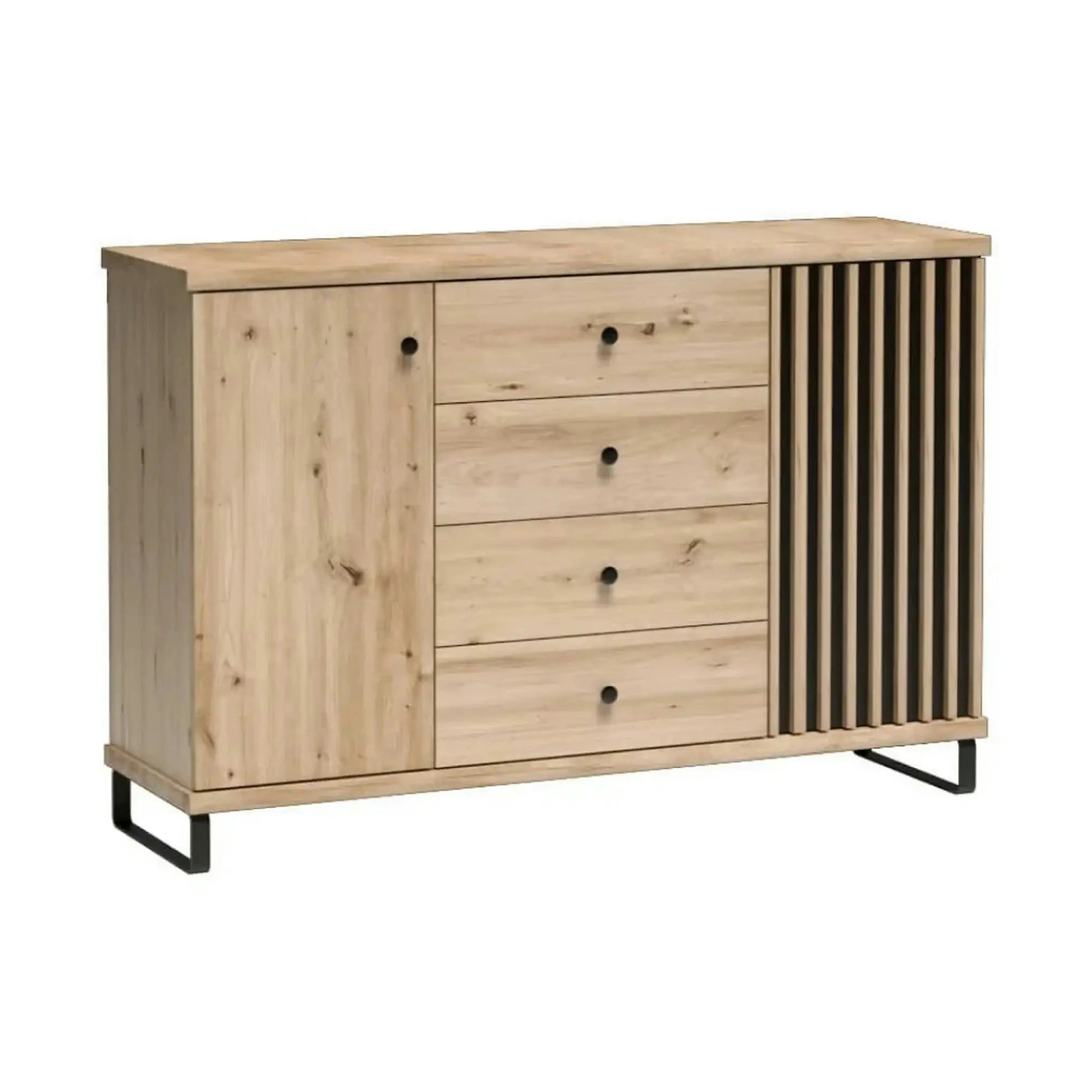 Comoda CALI C4, stejar arisan/negru, PAL, cu 4 sertare si 2 usi, 142.1x40.6x95.4 cm