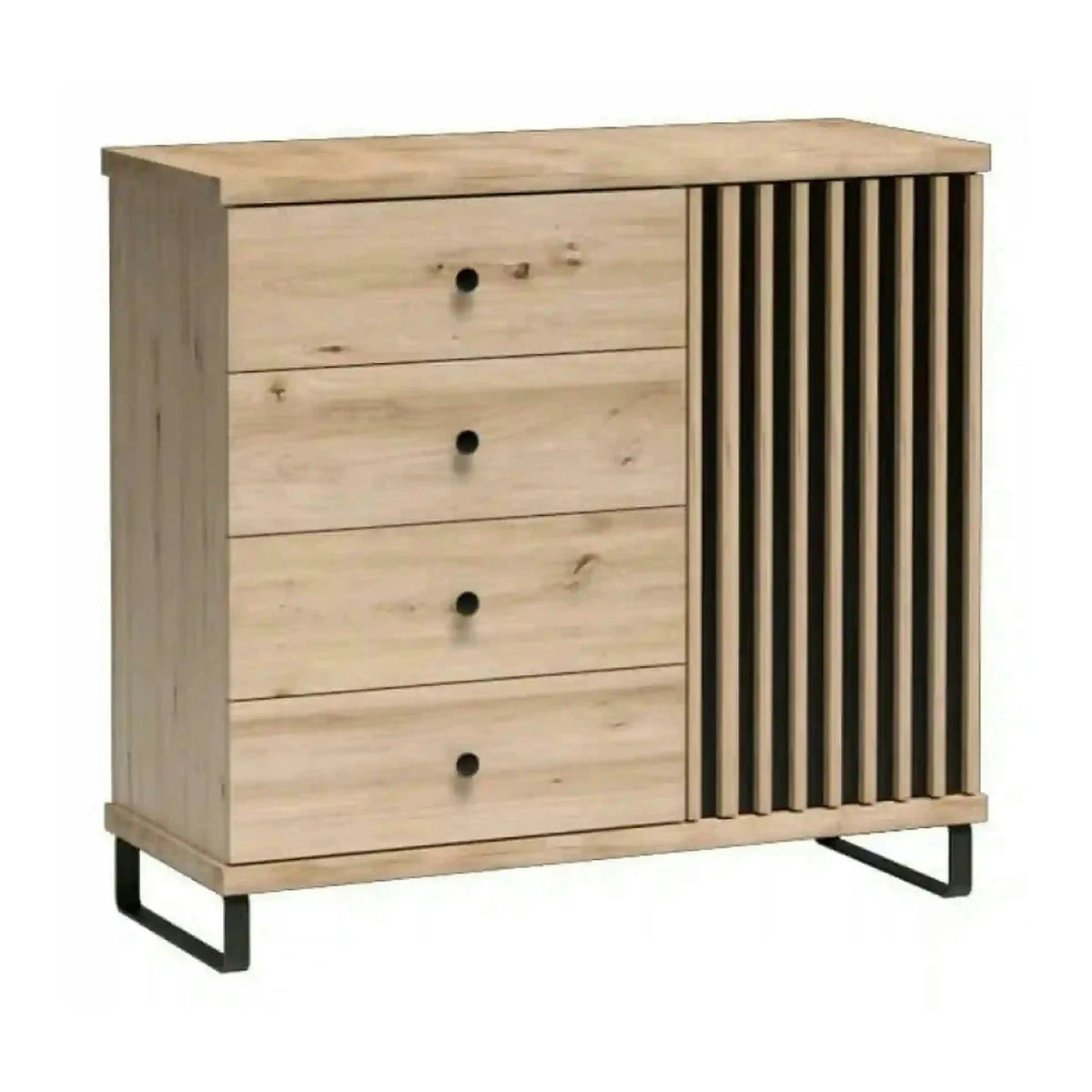 Comoda CALI C5, stejar arisan/negru, PAL, cu 4 sertare si o usa, 101.6x40.6x95.4 cm