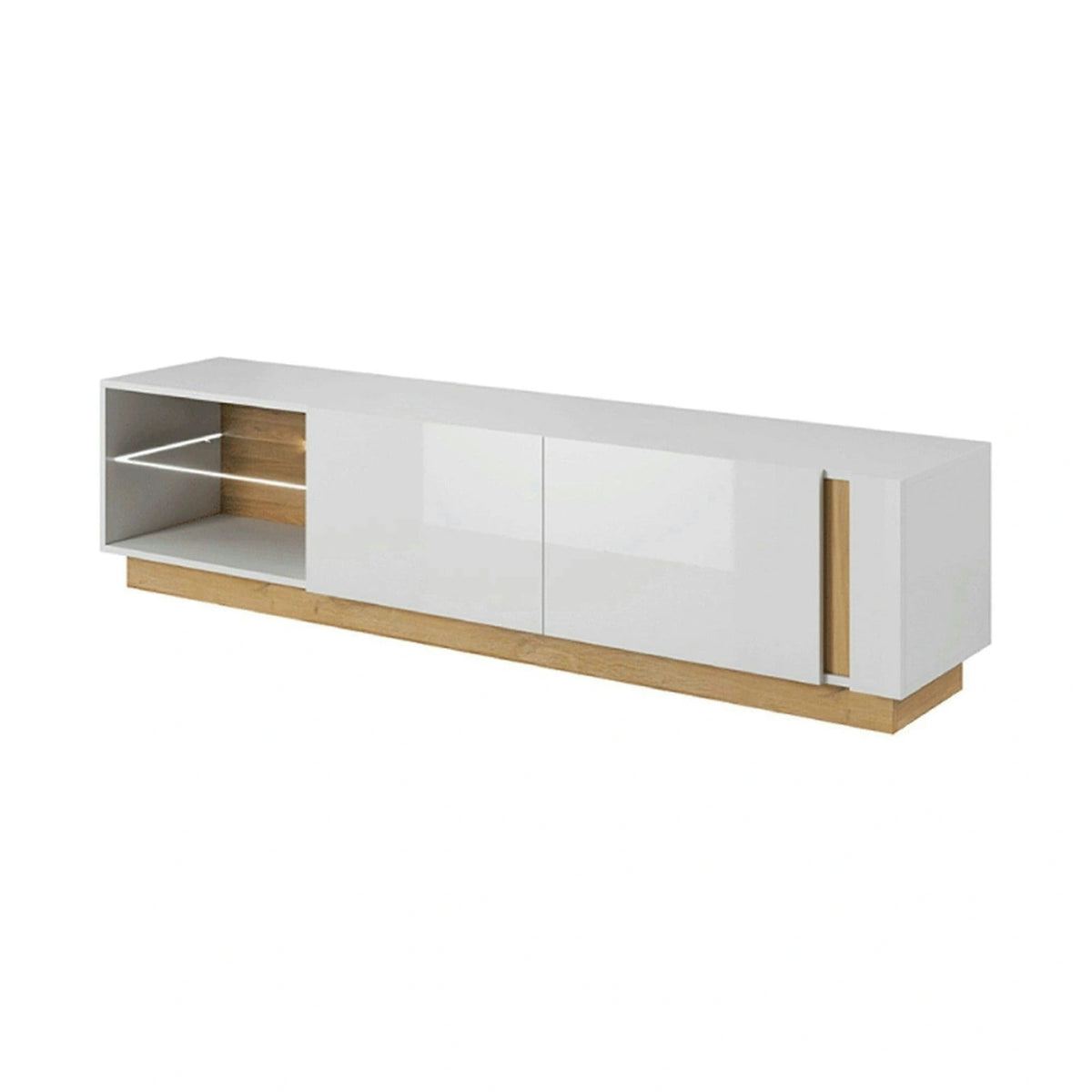 Comoda CITY RTV, stejar grandson/alb lucios, PAL melaminat/sticla, cu iluminare LED, 188x40x46 cm
