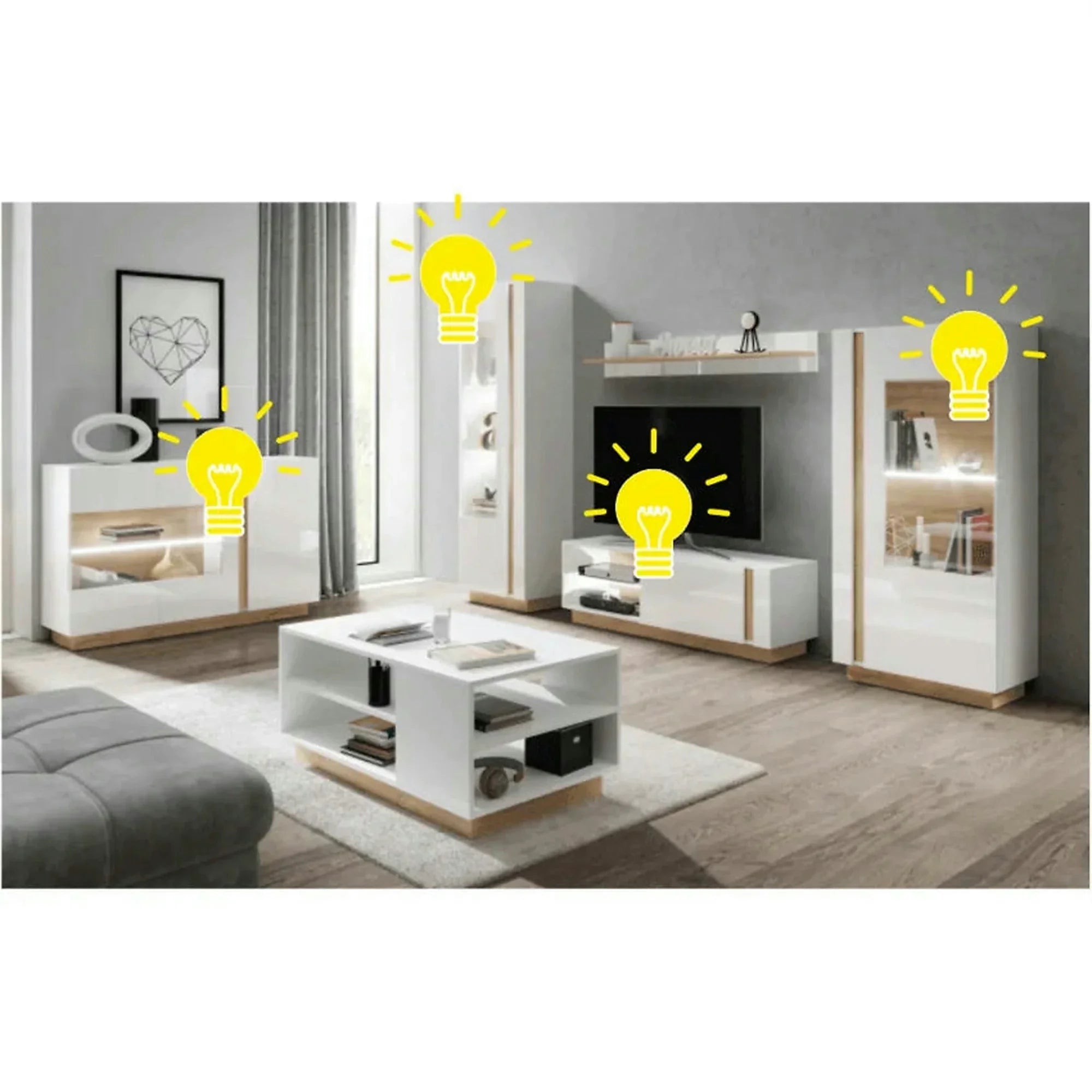 Comoda CITY RTV, stejar grandson/alb lucios, PAL melaminat/sticla, cu iluminare LED, 188x40x46 cm