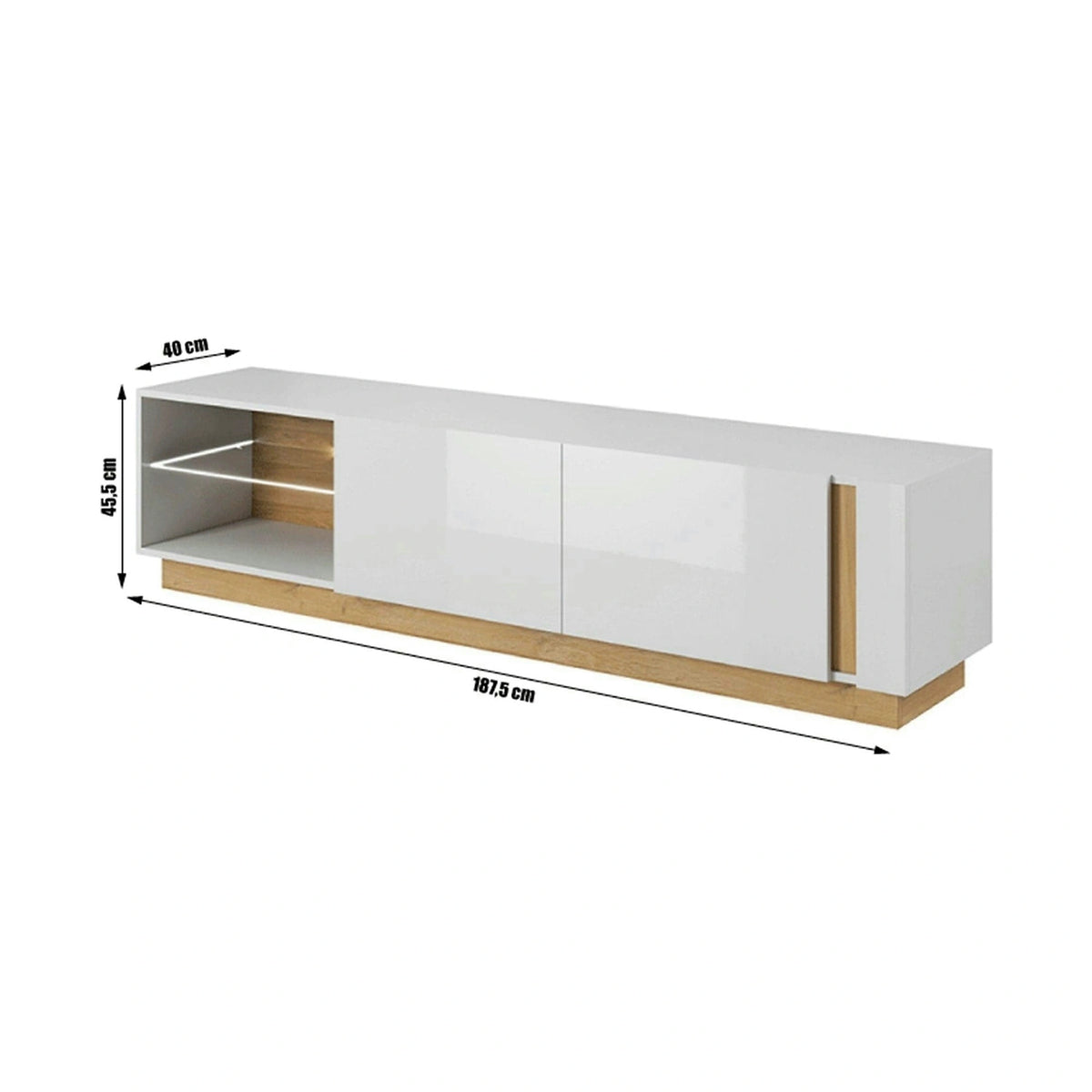 Comoda CITY RTV, stejar grandson/alb lucios, PAL melaminat/sticla, cu iluminare LED, 188x40x46 cm
