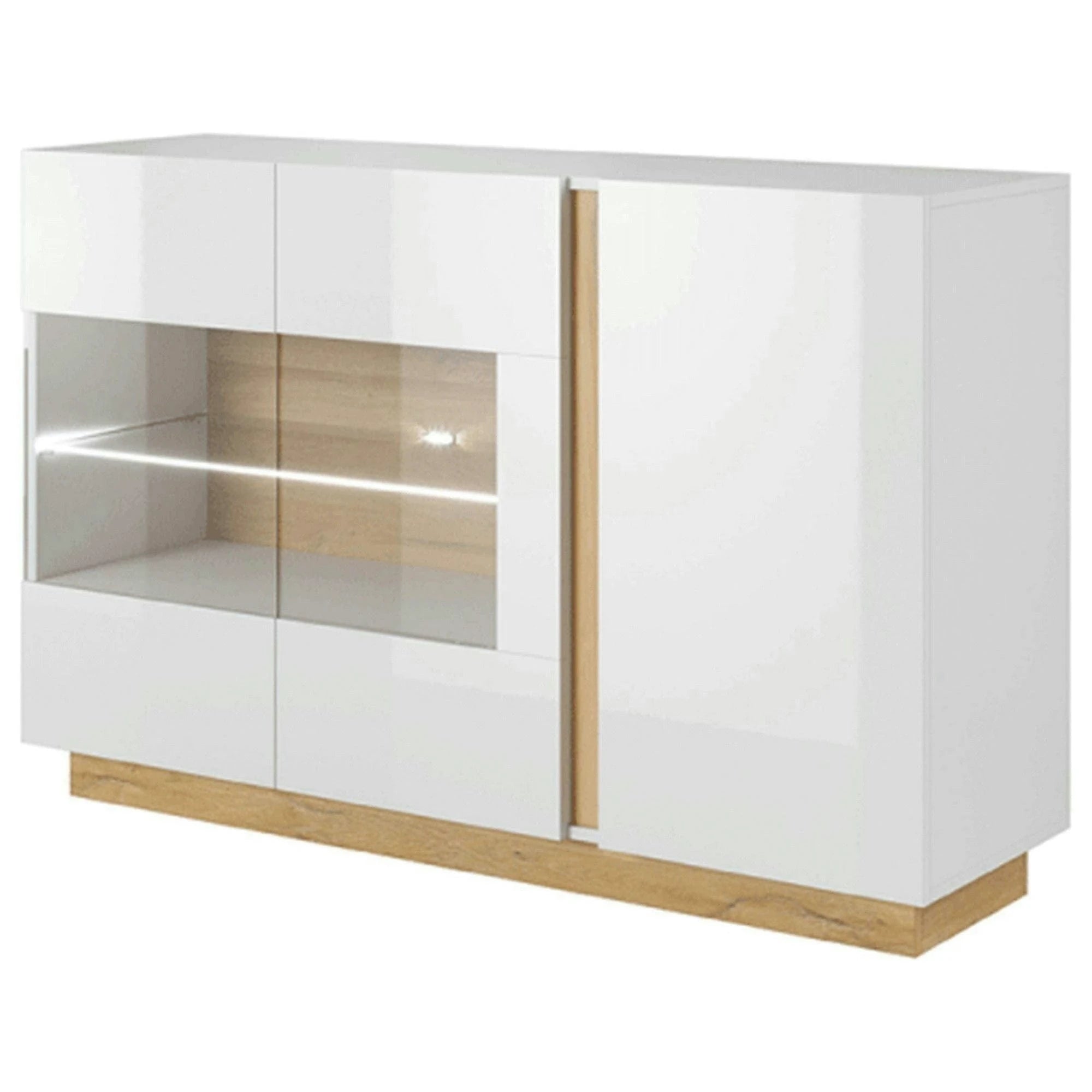 Comoda CITY, stejar grandson/alb lucios, PAL melaminat/sticla, cu iluminare LED, 138x40x91 cm