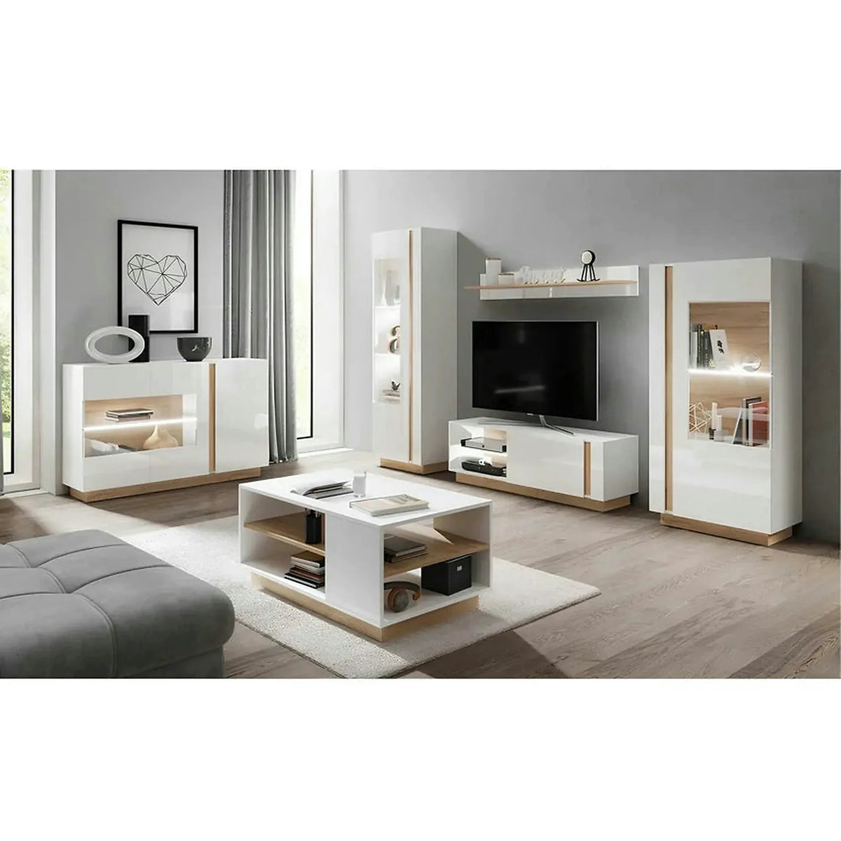 Comoda CITY, stejar grandson/alb lucios, PAL melaminat/sticla, cu iluminare LED, 138x40x91 cm