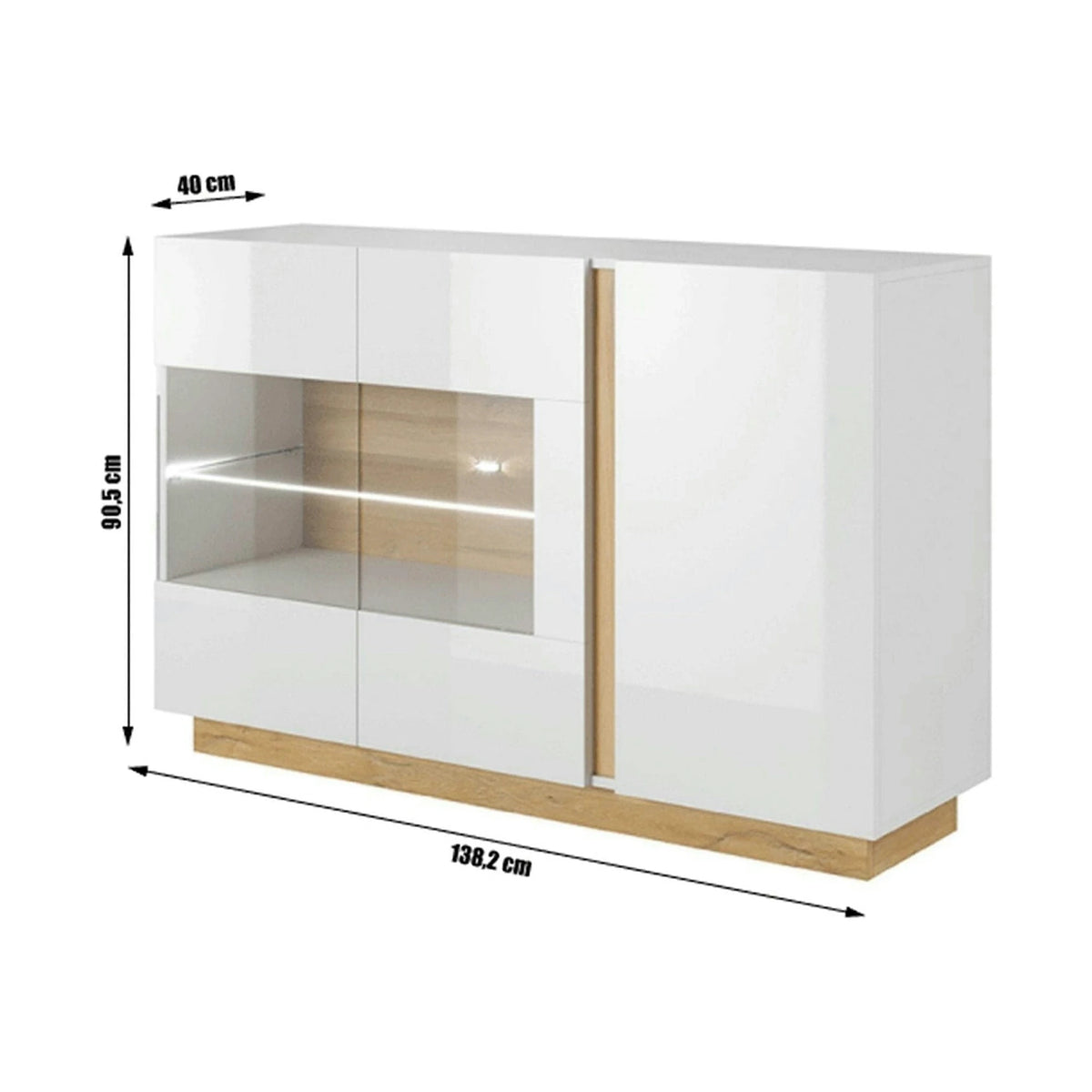 Comoda CITY, stejar grandson/alb lucios, PAL melaminat/sticla, cu iluminare LED, 138x40x91 cm