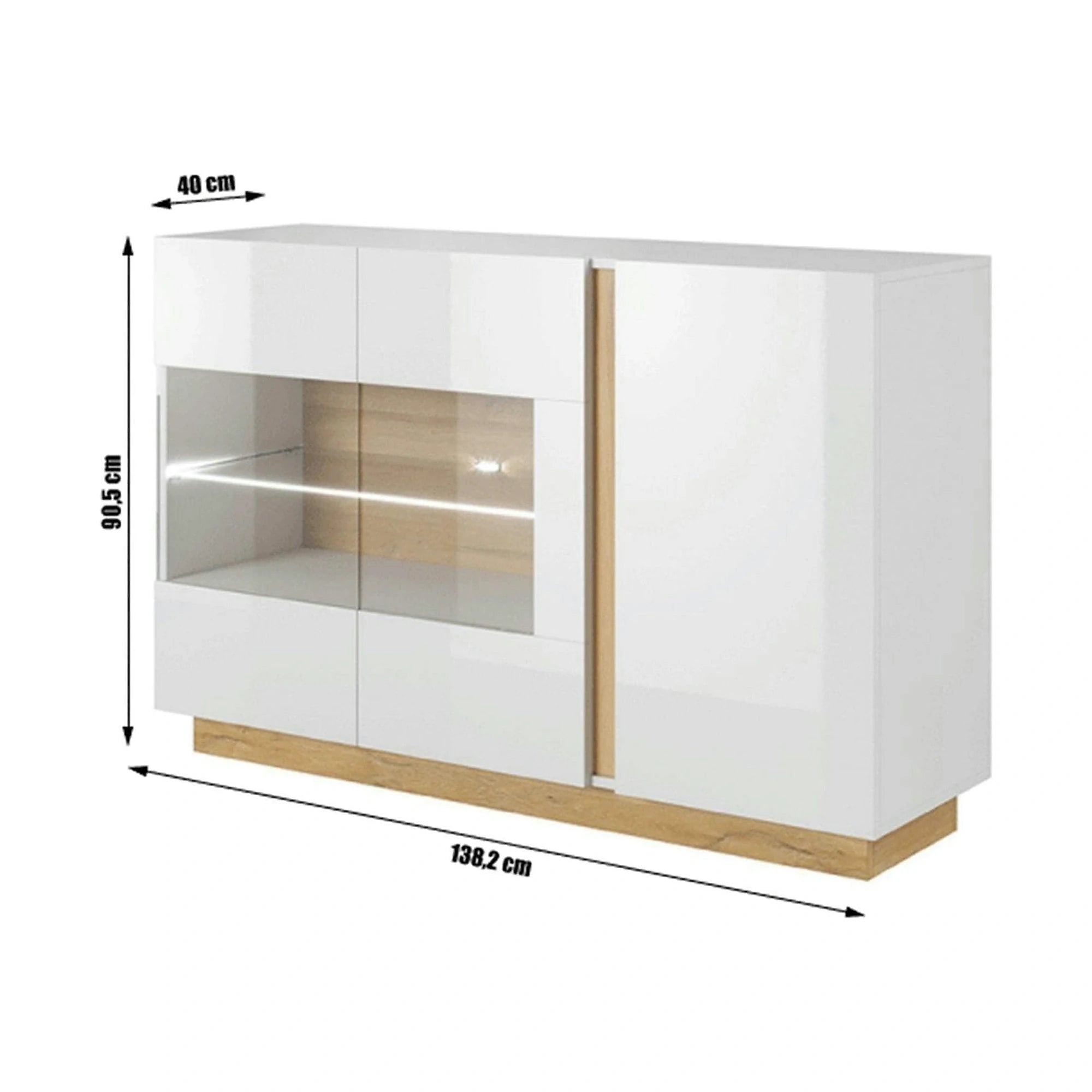 Comoda CITY, stejar grandson/alb lucios, PAL melaminat/sticla, cu iluminare LED, 138x40x91 cm