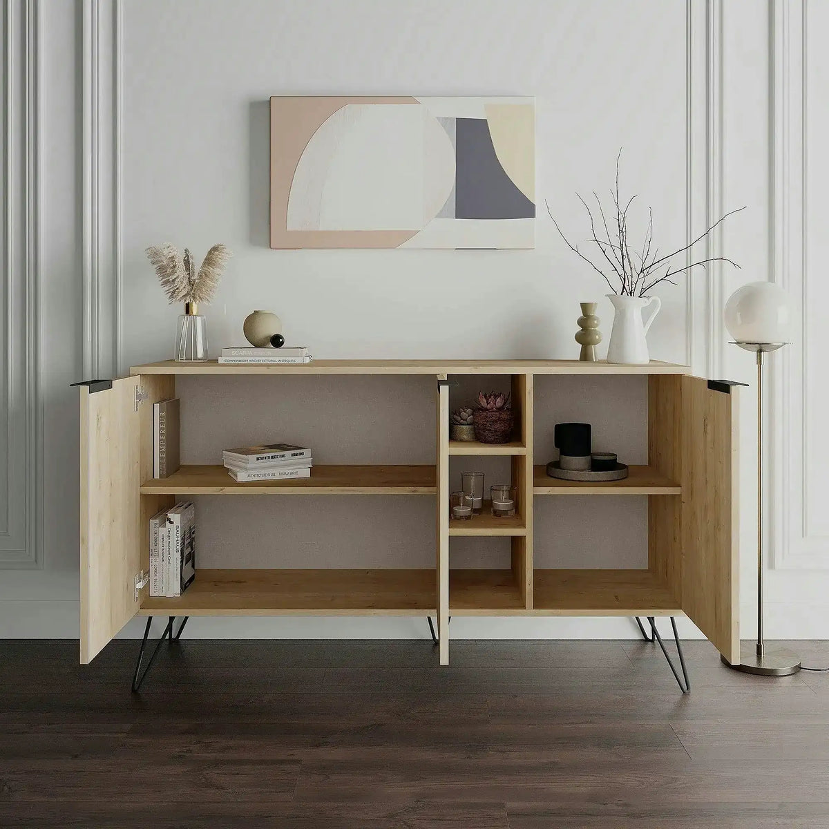 Comoda Clara-Oak, stejar/negru, PAL melaminat/metal, 142x36x83 cm