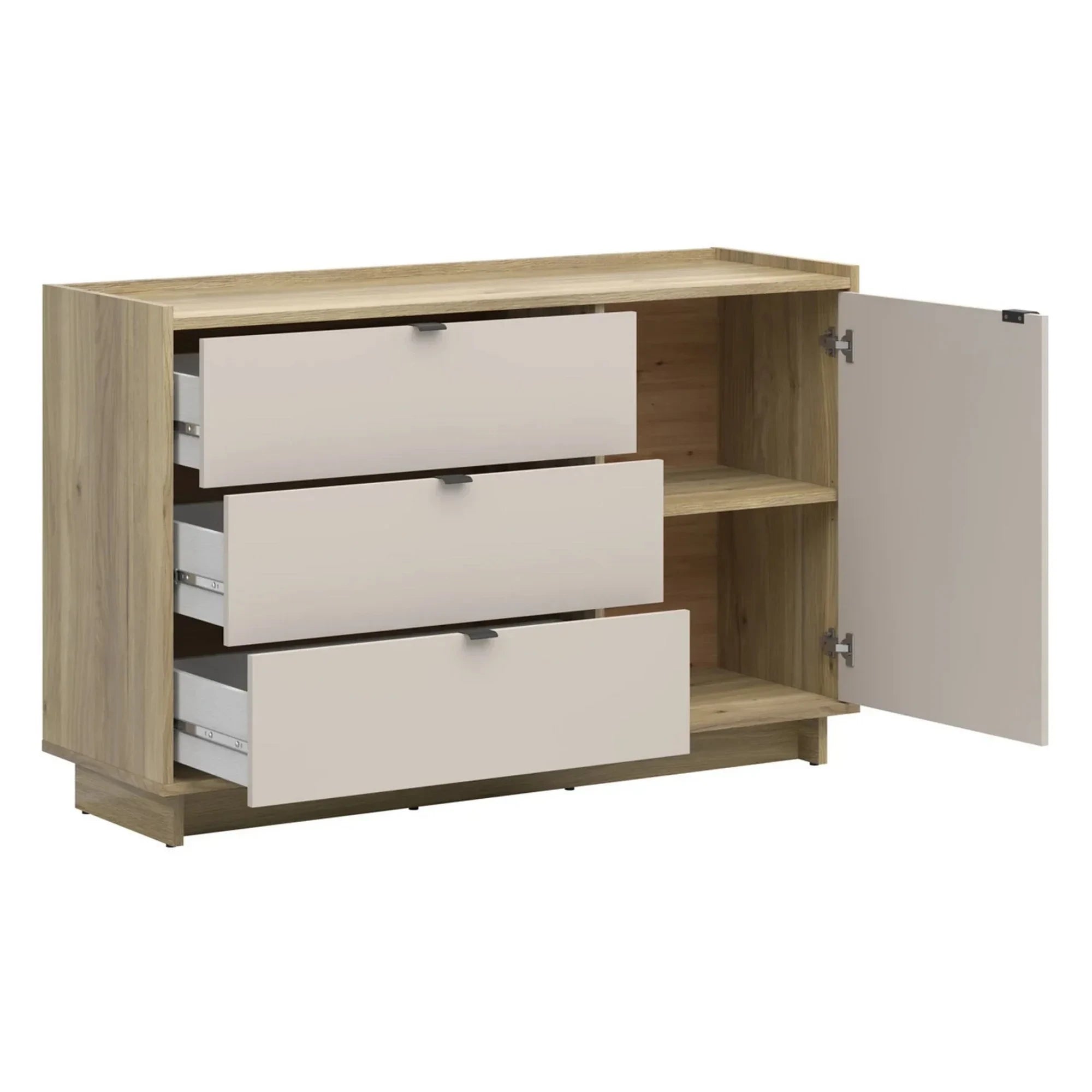 Set dormitor DALVA, stejar/casmir, pat 160x200, dulap cu 3 usi si 2 sertare, 2 noptiere si o comoda