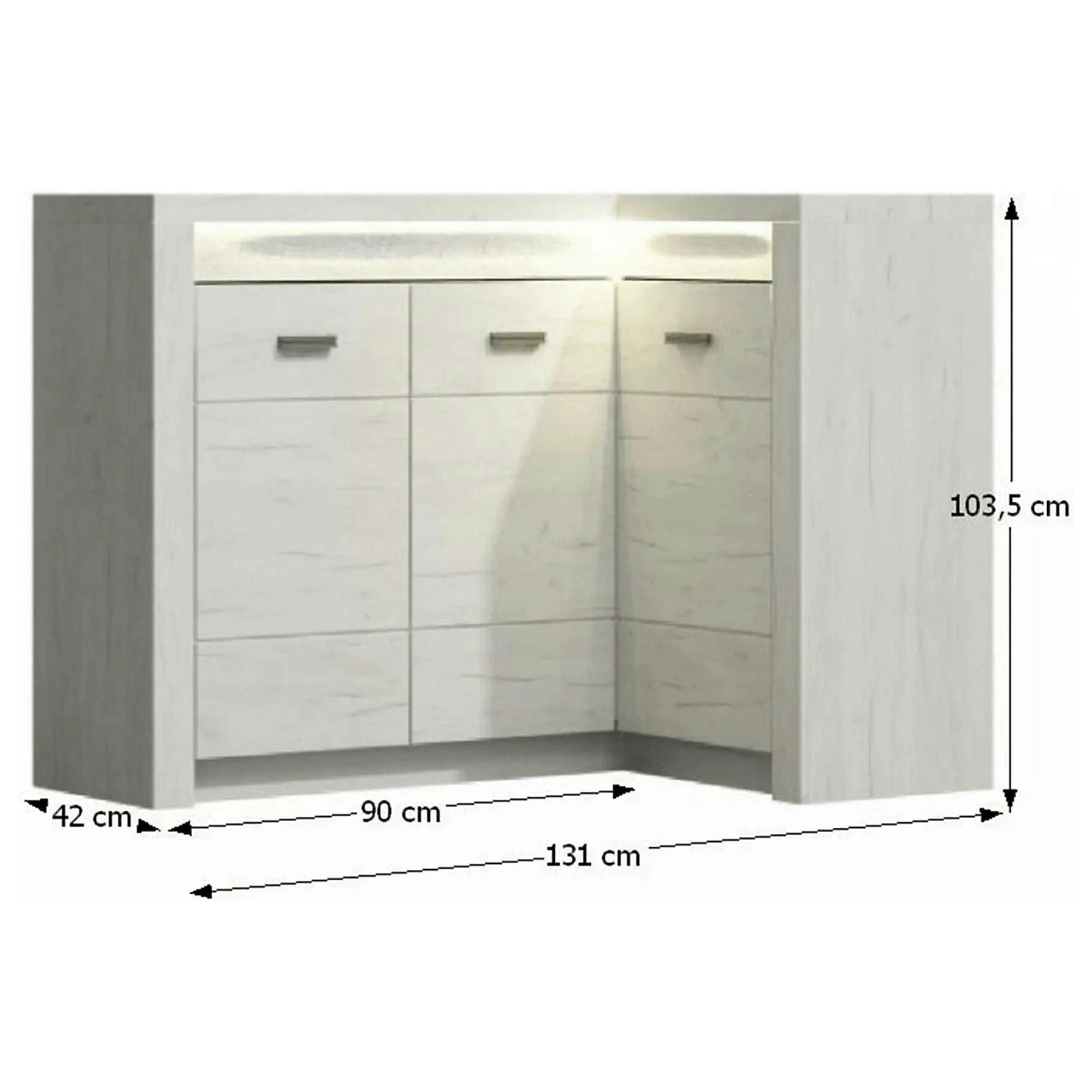 Comoda de colt INFINITY I-15, frasin alb, PAL melaminat/metal, 131/90x42x104 cm